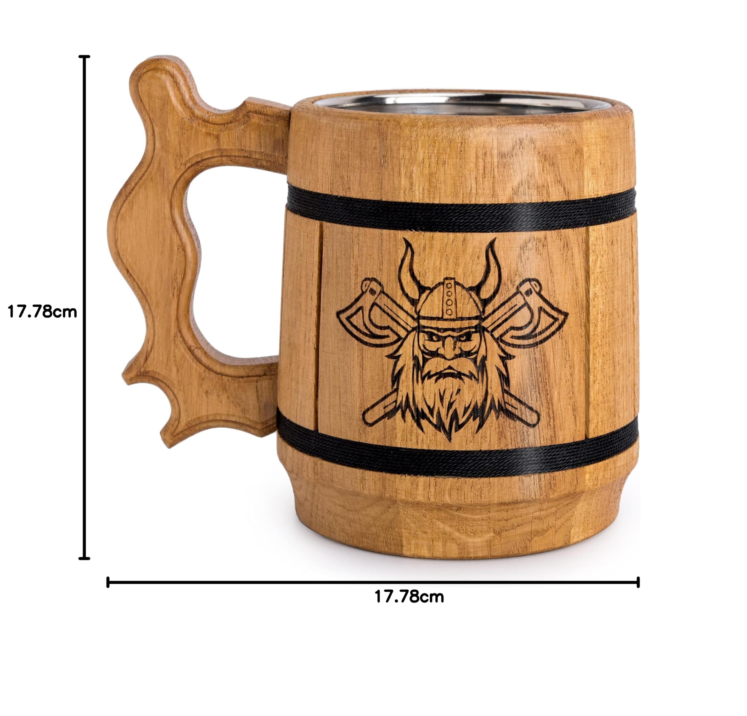Teslyar Kufel do piwa Viking dla mężczyzn – 0,6 litra, 590 ml, ręcznie wykonany kubek z drewna dębowego, ze stali nierdzewnej, autentyczny design, prezent na Boże Narodzenie, prezent urodzinowy,
