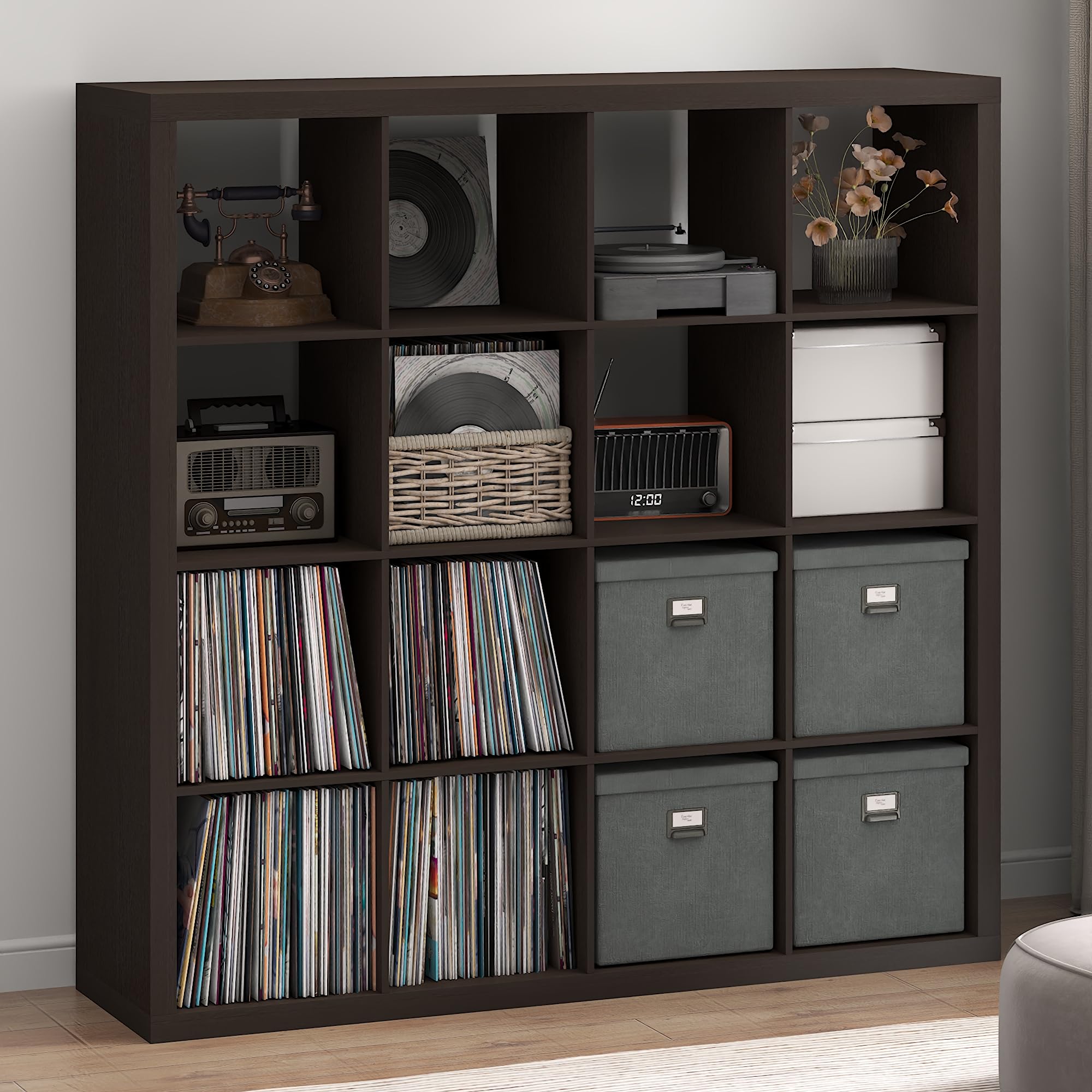 Furinno Cubicle Record Player Stand, 16-Cube Record Storage, Dark Oak
