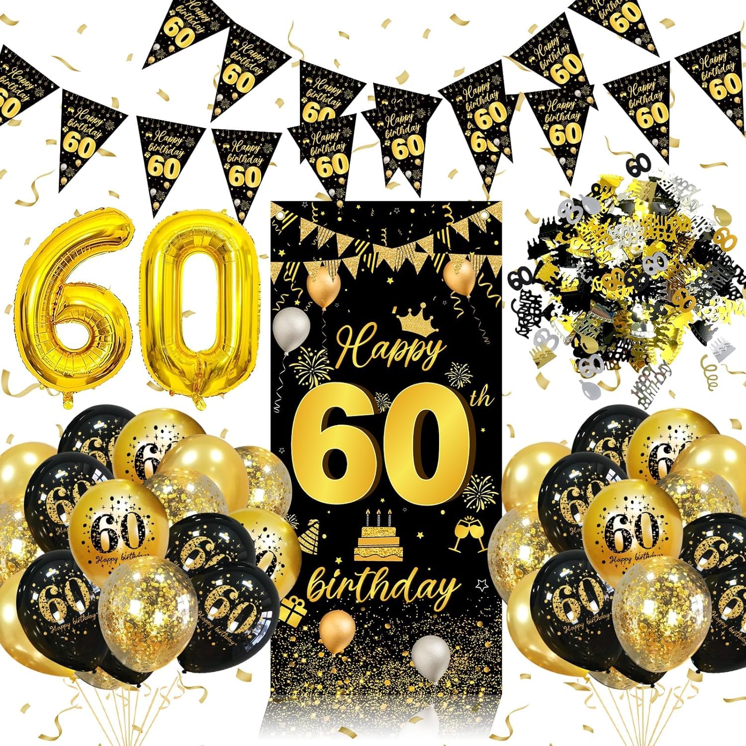 Black Gold 60th Birthday Gift Bag, AIS1 Gold 60th Birthday Gift Wrap Bag Tissue Paper Card Gift Wrapping Bags Men Women 60 Year Old Party Favors