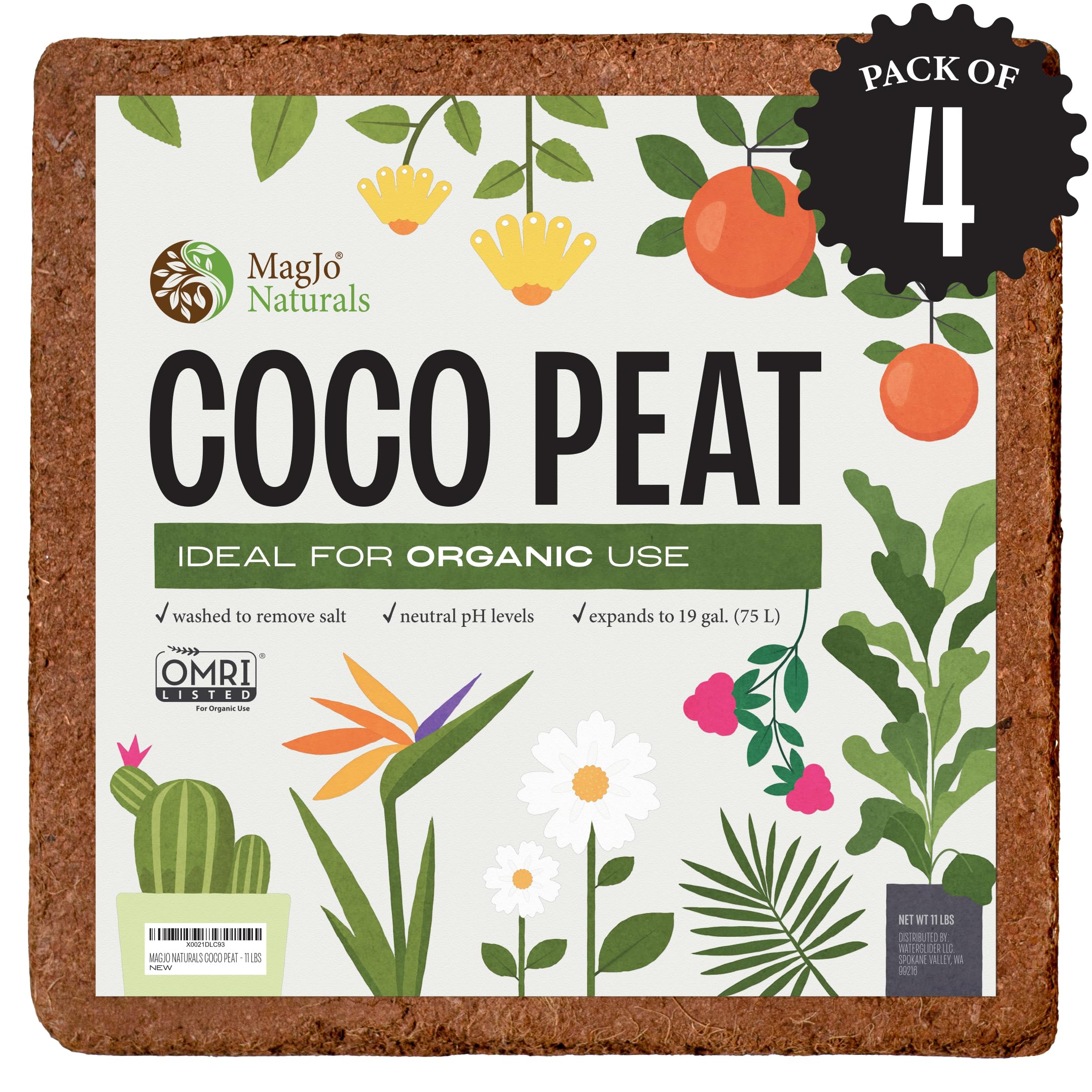 MagJo Naturals 100% Pure Coco Coir 4 Pack (44 Pounds Total) Coco Peat, Listed for Organic Gardening, Coconut Coir - Low EC and pH Balance - High Expansion Coco Fiber for Herbs, Flowers, Planting