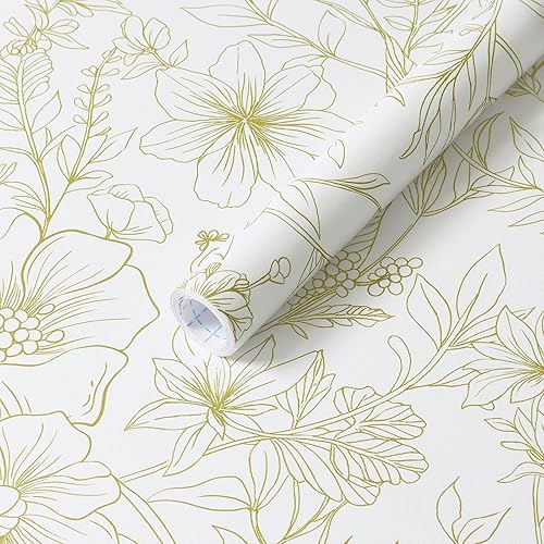 GloryTik Papel tapiz de contacto floral para despegar y pegar, moderno, blanco y dorado, papel de pared autoadhesivo extraíble para gabinetes de
