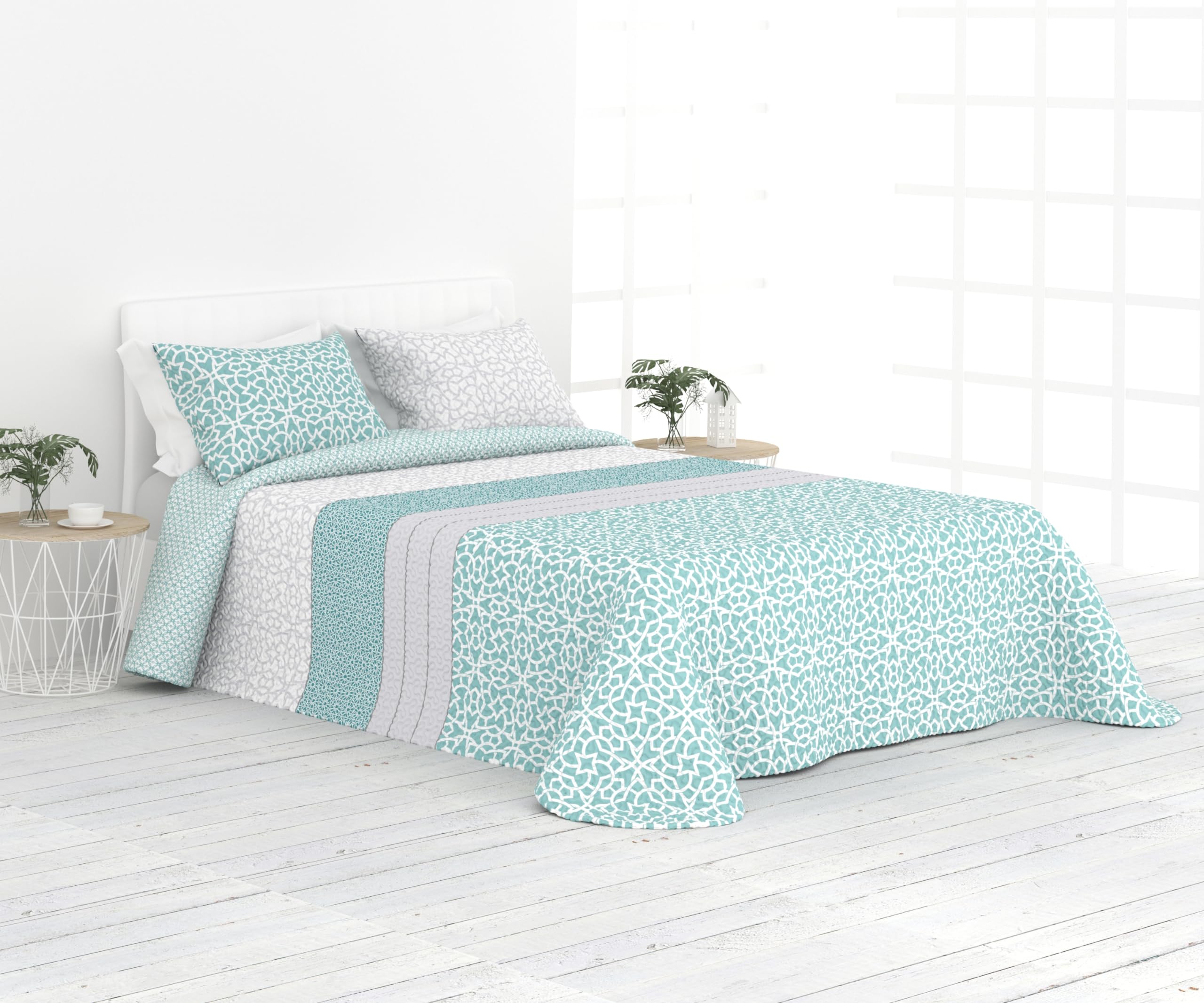 Liniva Home Colcha Fina Reversible de Verano y Primavera. Colcha con Funda DE COJÍN. Cubrecama Elegante de Microfibra Extra Suave. (Wendy - Aqua - Cama 180 cm)