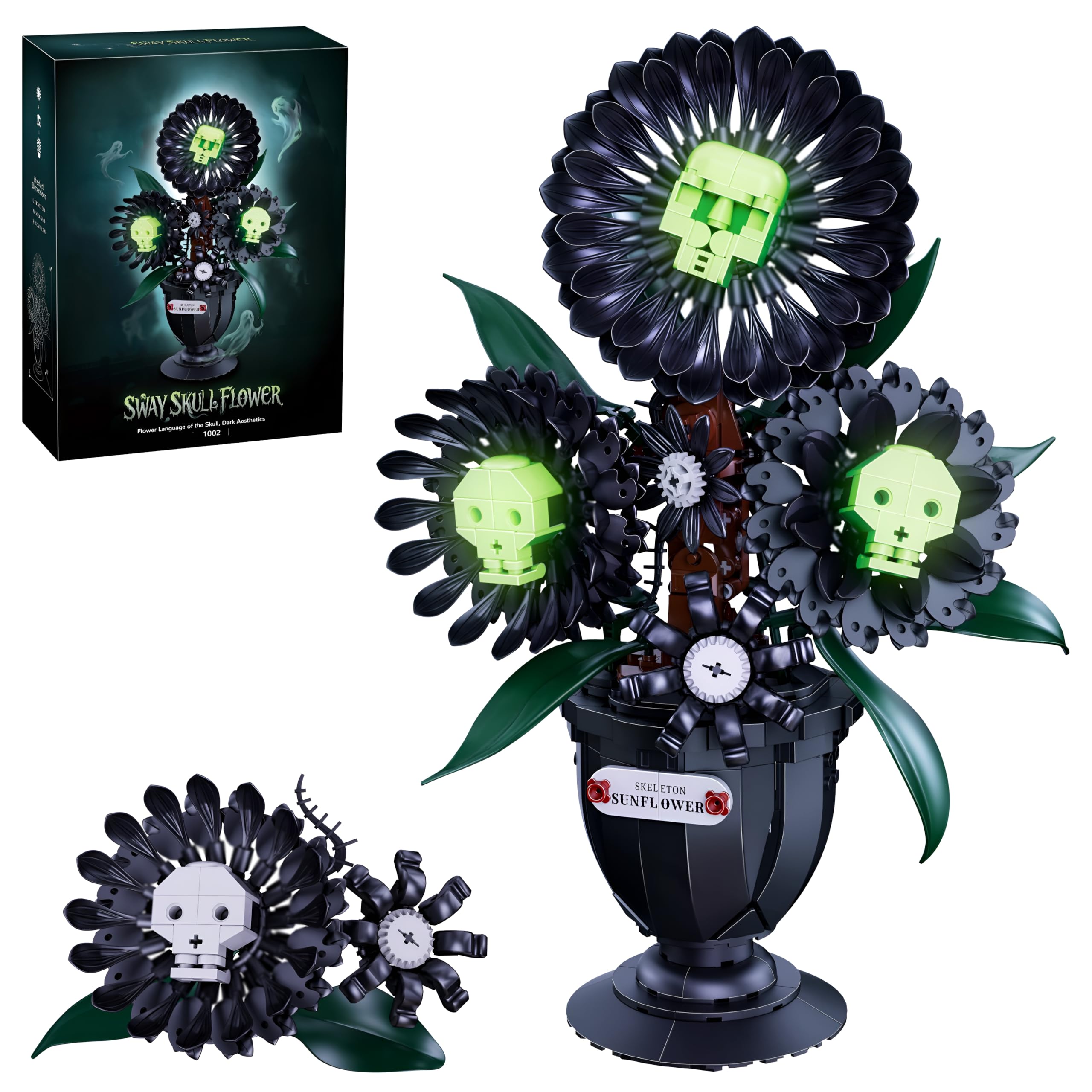 Skull Sunflower Building Blocks Set - 848PCS Glow in Dark Flower Bricks Kit, Halloween Home Office Decor, Collection Spooky Botanical Display, Artificial Floral Model, Creative Gift for Adult, Teen