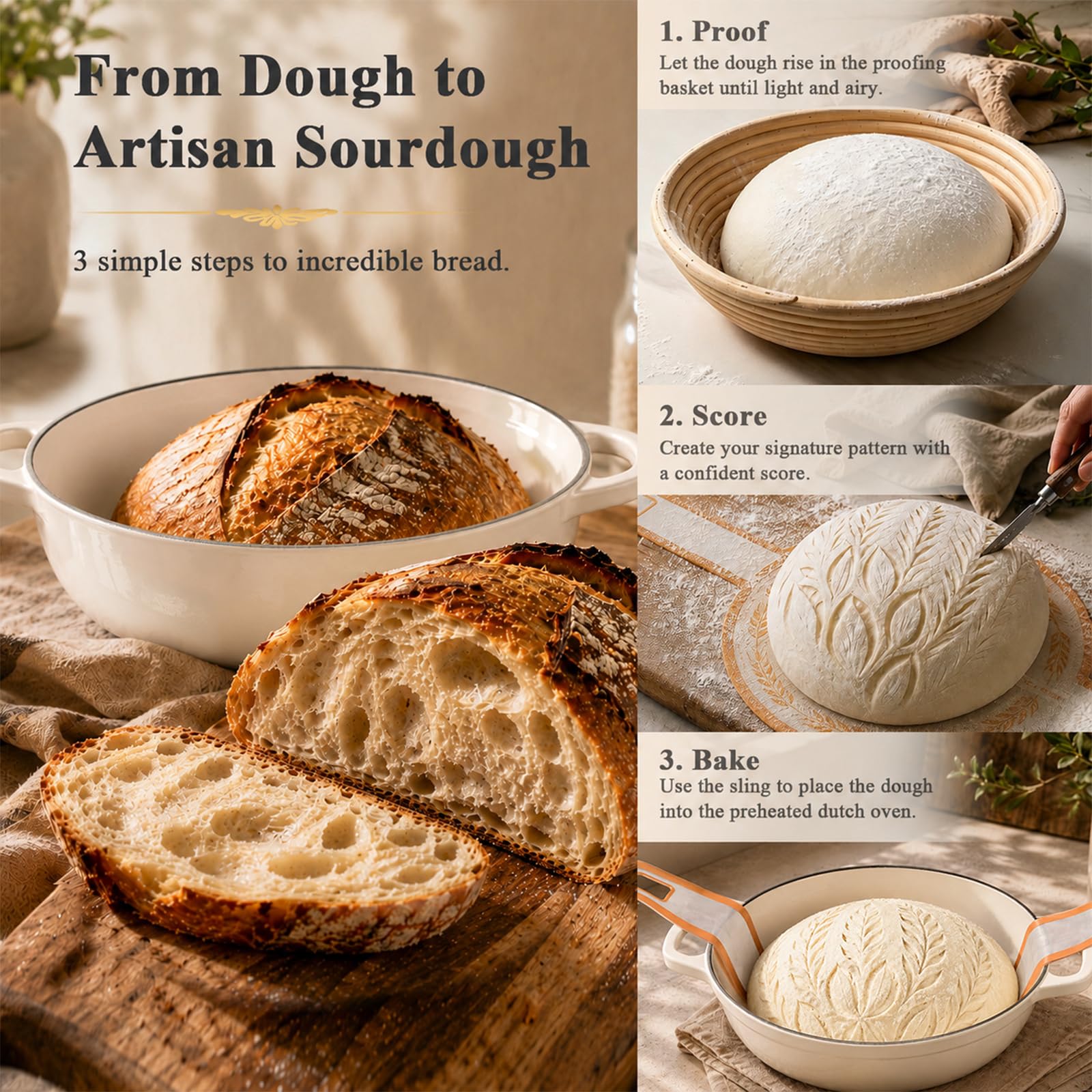 AHJ Gusseisen Topf Brot Backen, 5,7L Brotbacktopf mit Gärkorb & Silikonmatte,Emaille Dutch Oven 26cm für Sauerteig Brot, Bräter Schmortopf für Backen Schmoren & Braten,Geschenk für Brotbäcker (Weiß)