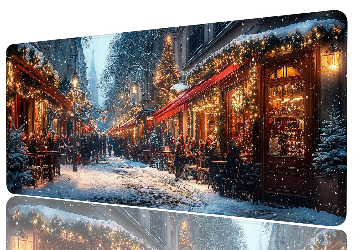 Winter Gaming Mouse Pad Snowy Christmas Cafe Lights Street View XL Large Desk Mat Extended Laptop Keyboard Mat Gaming Desk Pad Office Computer Keyboard Laptop Home 31.5"x11.8"