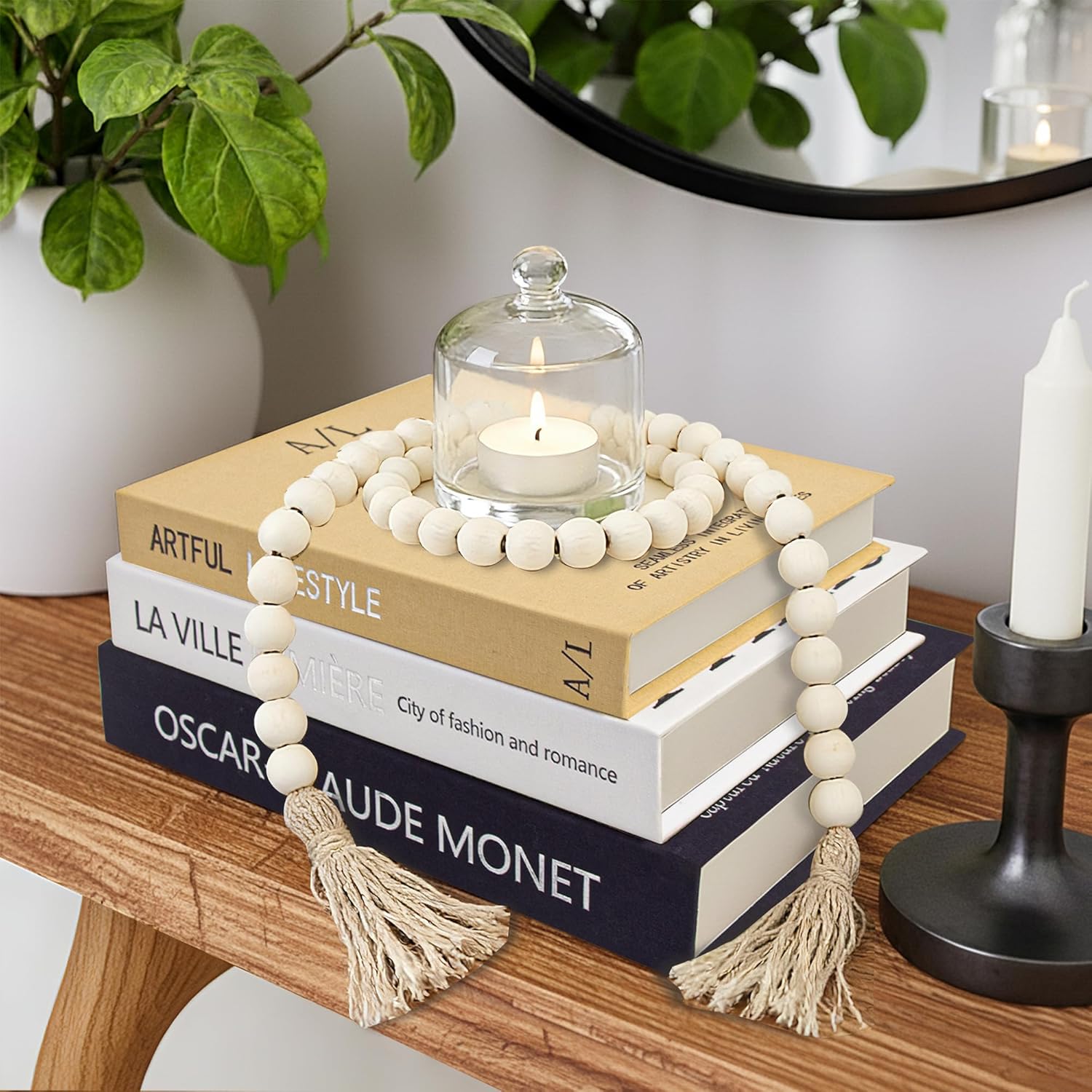 Aesthetic Decorative Books for Home Decor w. Wood Bead - Set of 3 Linen Fake Books for Decoration, Coffee Table Book Box Decor for Mantle/Bookshelf/Farmhouse/Entryway/Nightstand