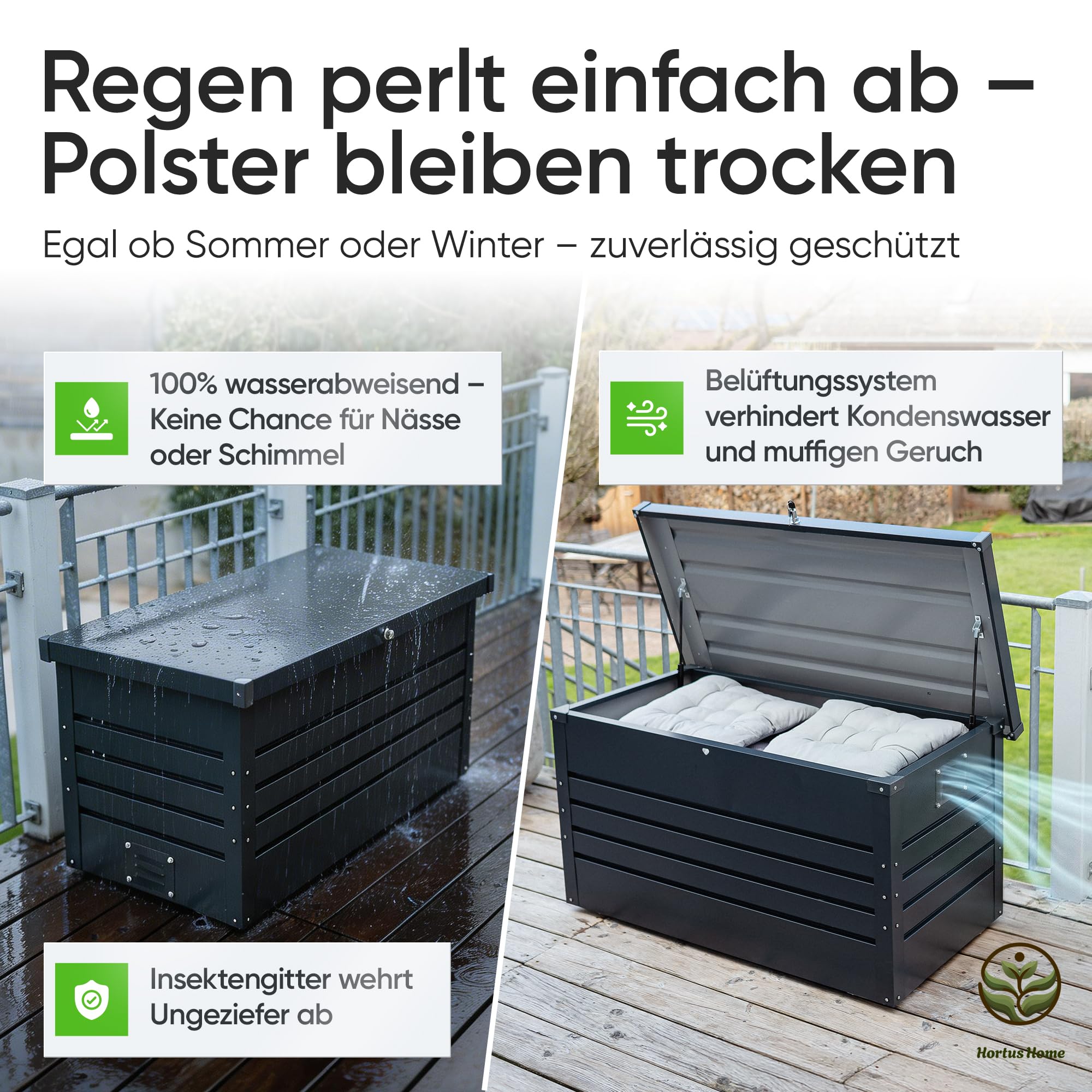 Auflagenbox [Wasserdicht] 385L Metall Gartenbox Kissenbox Outdoor Belüftet für Terrasse Garten Balkon Polsteraufbewahrung Wetterfest Abschließbar XXL Gartentruhe