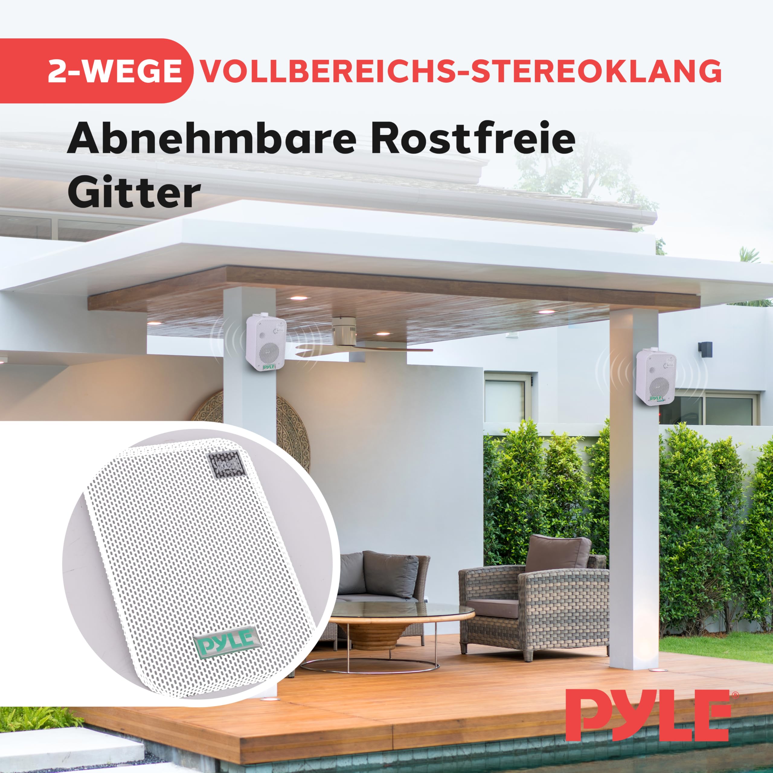 Pyle Outdoor Lautsprecher Bluetooth, Außenlautsprecher, 200W- Aussenlautsprecher Wasserfest, 2er Set- Outdoor Musikbox, Wandlautsprecher Bluetooth, Musikanlage- für Pool,Terasse, Garten/Innenbereich