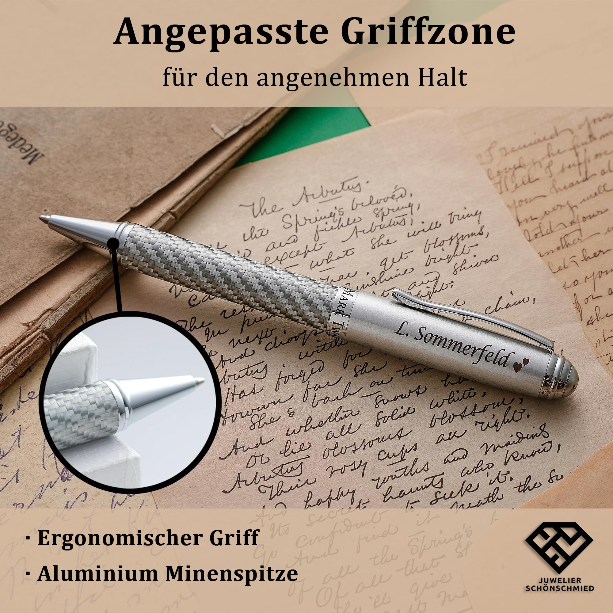 M A R K TWAIN Exklusive Kugelschreiber mit Gravur aus Metall inklusive Geschenkbox - in silbernem Karbondesign - Geschenk zum Geburtstag Jubiläum verschiedene Anlässe PS152