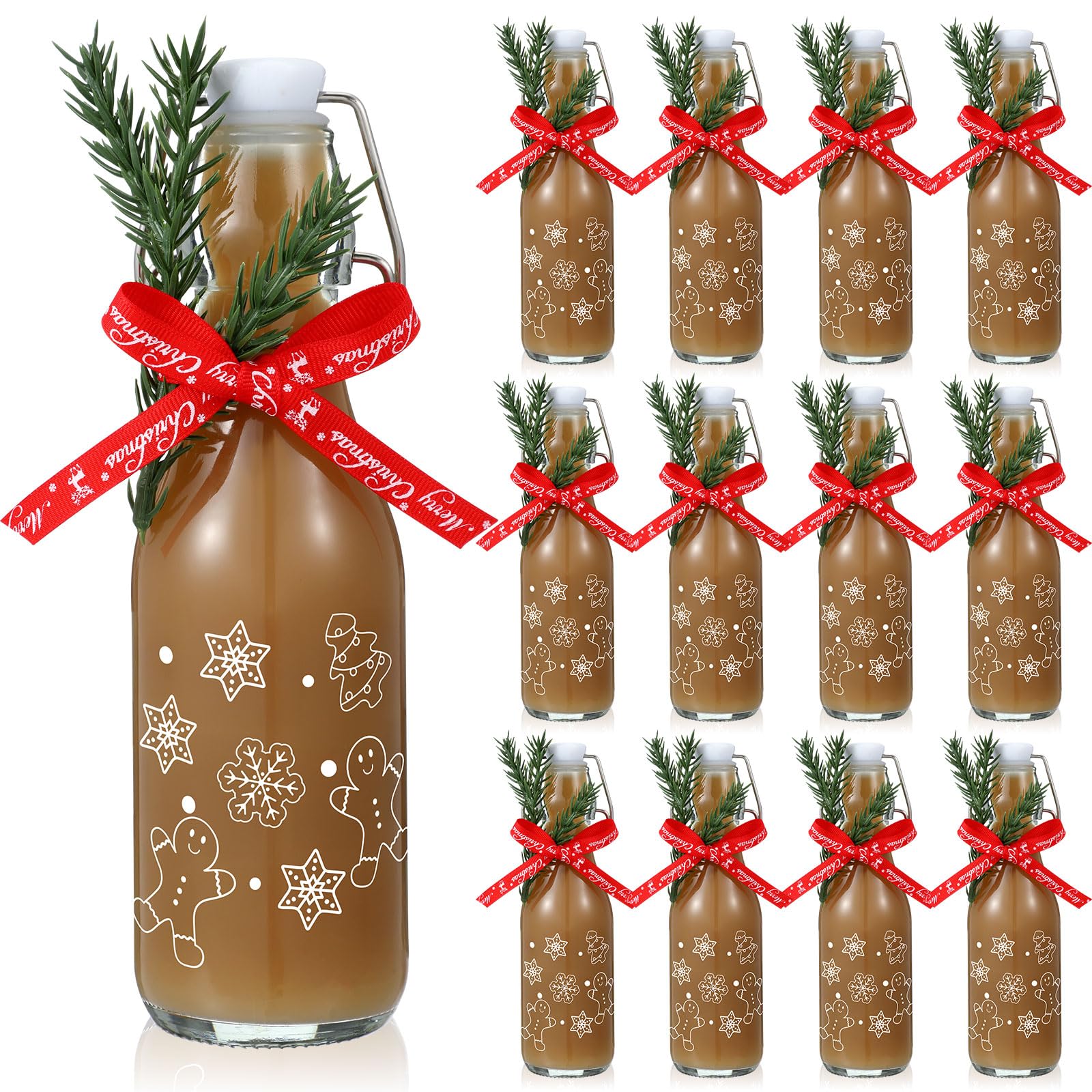Sieral 12 Pack Christmas Swing Top Glass Bottle 8oz Gingerbread Man Clear Flip Top Beer Brewing Bottles with Ribbon and Artificial Branches for Liquids Wine Christmas Xmas Gifts