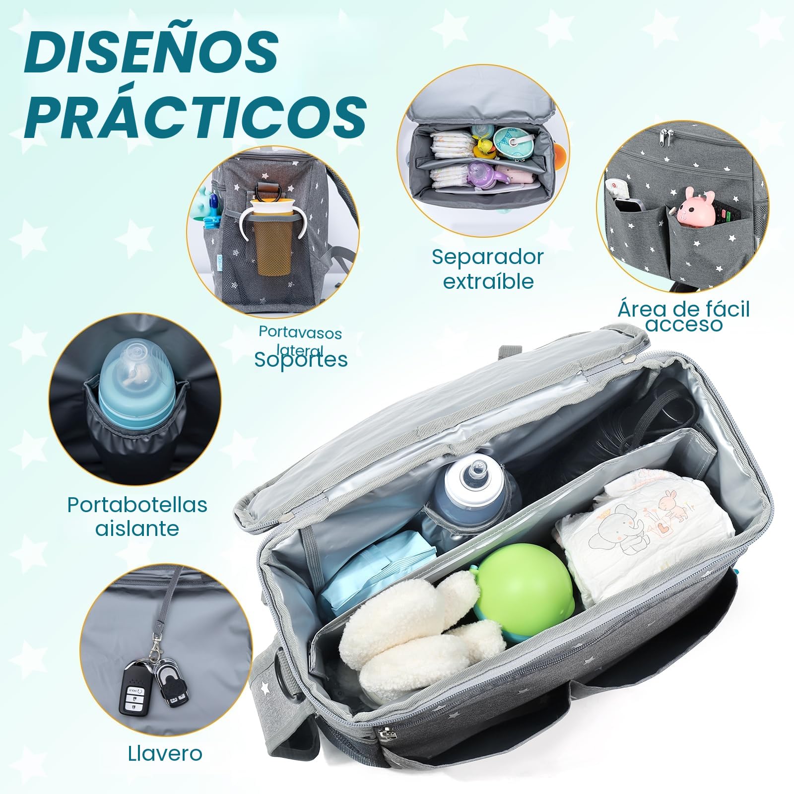 Orzbow Grande Bolso Carro Bebe,Impermeable Bolso Carrito Bebe con Portavasos,Multifuncional Organizador Carro Bebe con Divisor Extraíble,Forro Aislante y 22L Capacidad,2 Ganchos y 1 Bandolera (Gris)