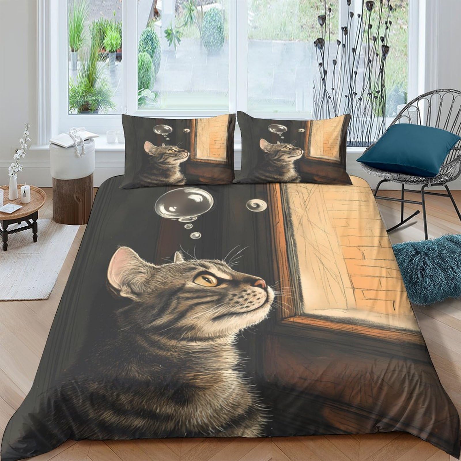 GPLZQXKJNH 3D Printed Cat Window View Duvet Cover Microfiber Soft Breathable Bubble Quilt Cover Set with 2 Pillowcases for Bedroom Decor Single（135x200cm）