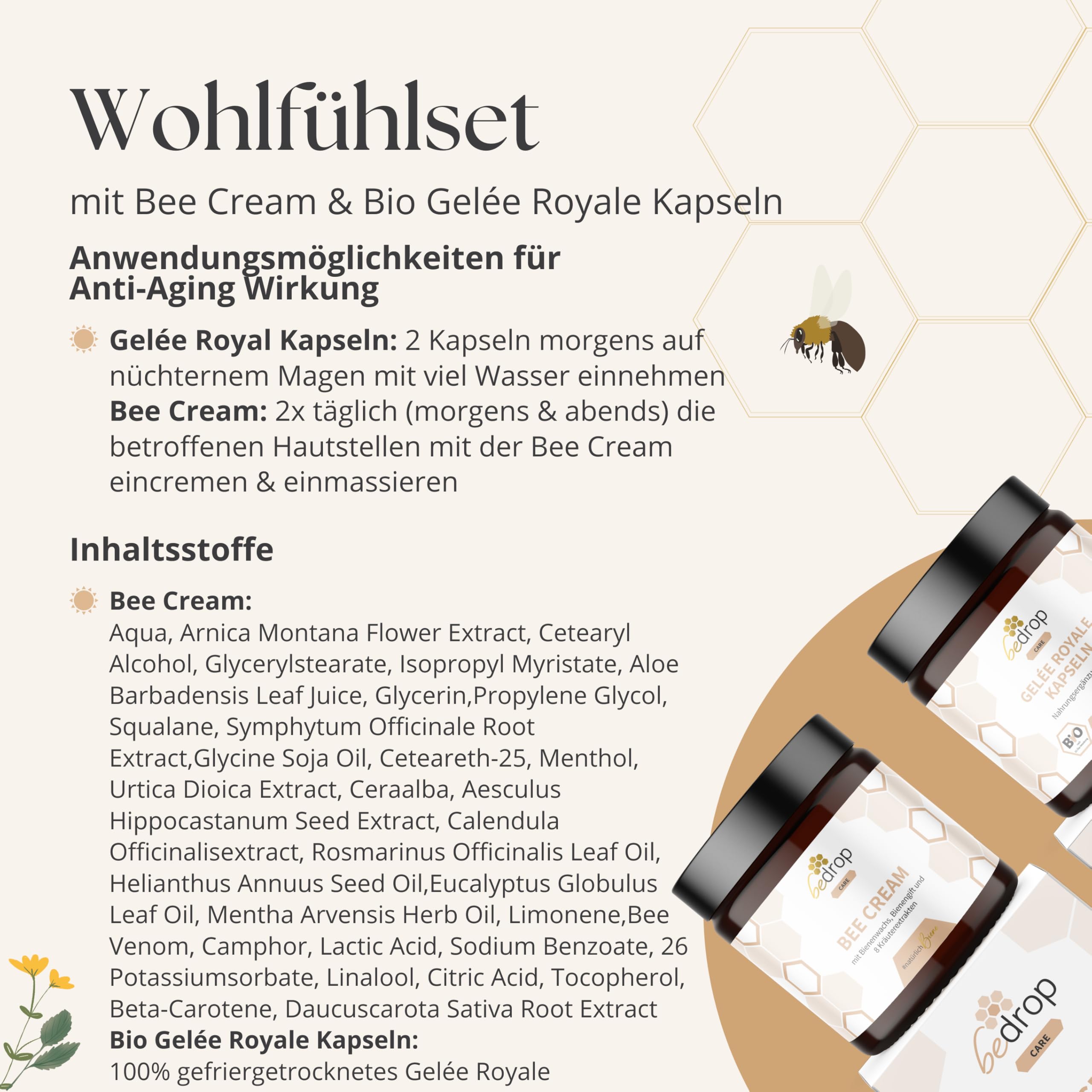bedrop Wohlfühlset | Bee Cream (Bienengiftsalbe) 100g + Gelée Royale Kapseln 60 Kapseln, reich an Biotin, Folsäure & mehr