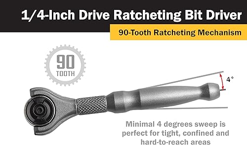 Miniatura 5 de Titan Tools 11318 - Destornillador con trinquete micro de 14 de pulgada x 4 pulgadas y 90 dientes - Plateado