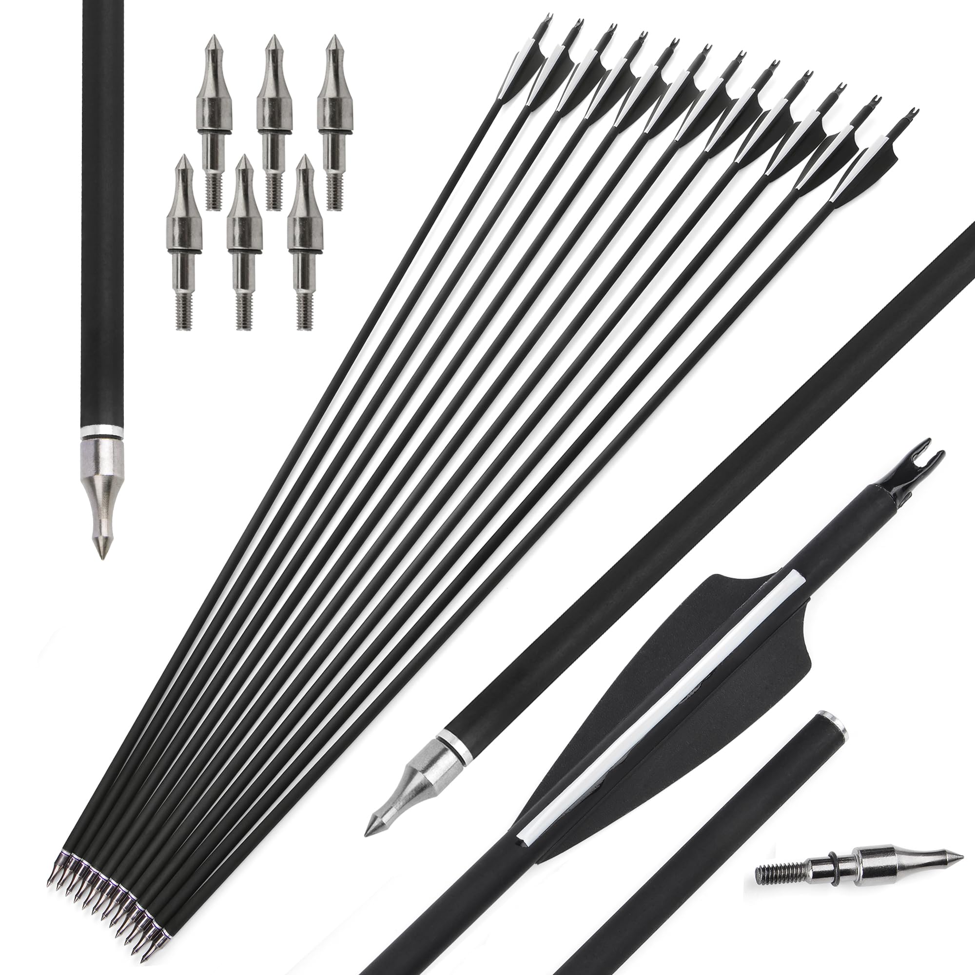 30” Tiro con L'Arco Frecce in Carbonio Spine 500 Frecce da Caccia con 100 Grani Punte Rimovibili per Tiro con L'Arco Compound & Ricurvo Arco 12/24Pcs