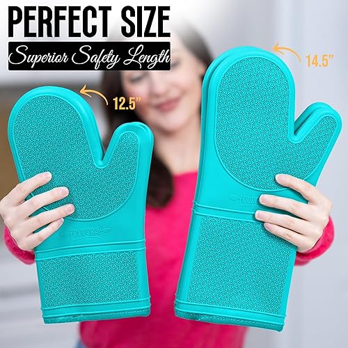 Miniatura 2 de Guantes de horno de silicona resistentes al calor, 500F - 14.5 pulgadas, extra largos, diseño de agarre, guantes de horno de silicona con forro