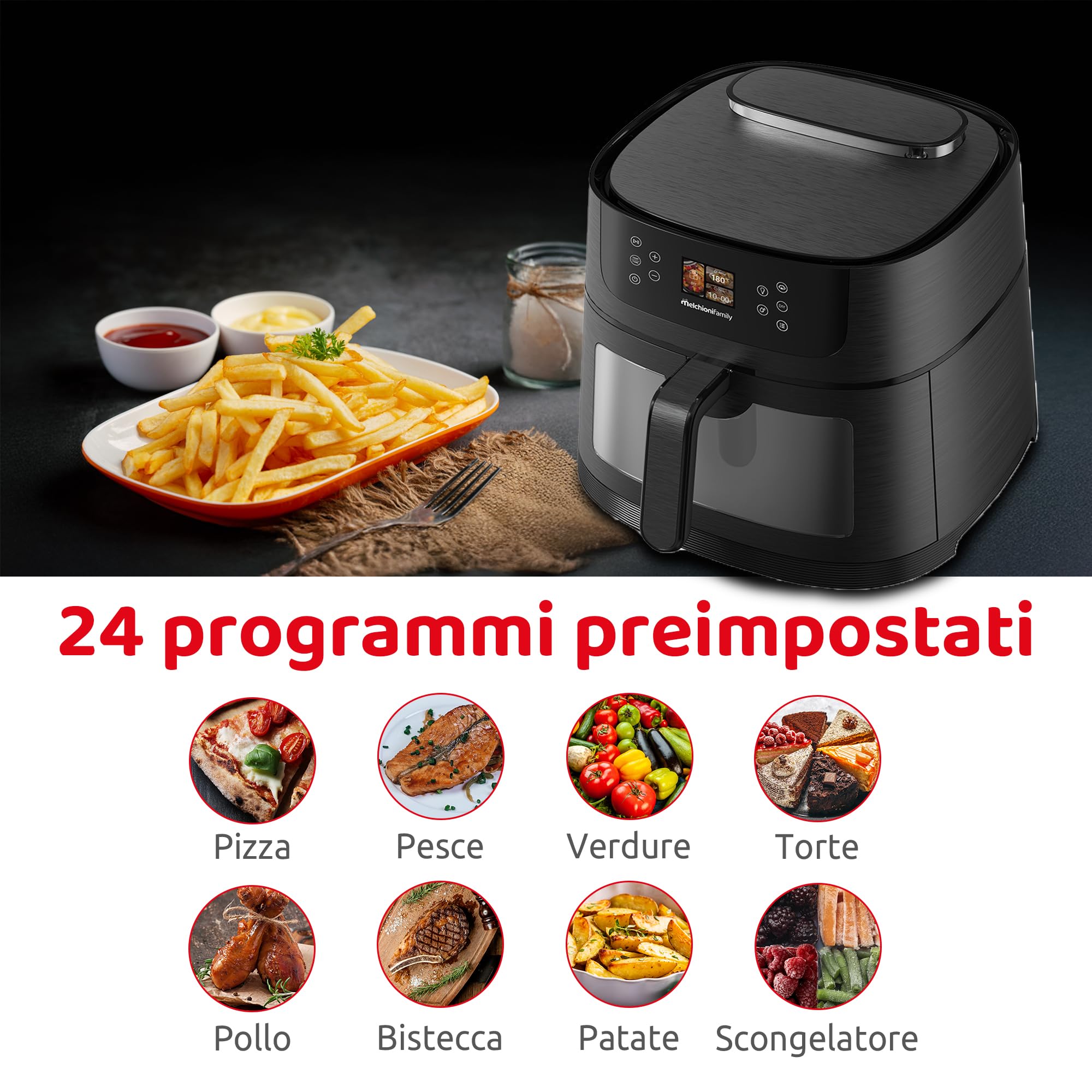 Melchioni Family DORA AI Friggitrice ad Aria 8L con Intelligenza Artificiale riconoscimento cibo e Vapore Soft | 24 Programmi Preimpostati, Cassetto con Finestra, Luce Interna, Potenza 1800W