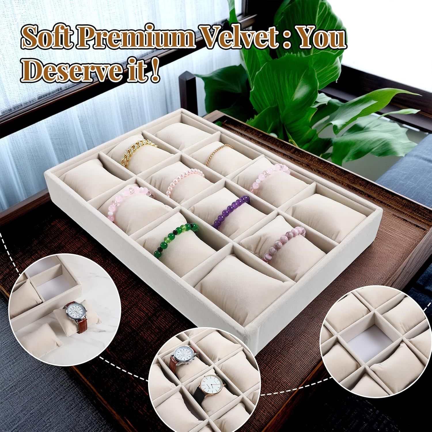 2 Pcs Beige Velvet Jewelry Organizer Watch Tray Box 12 Grid Stackable Bracelet Organizer with Adjustable Pillows for Men Women, Home Store Show