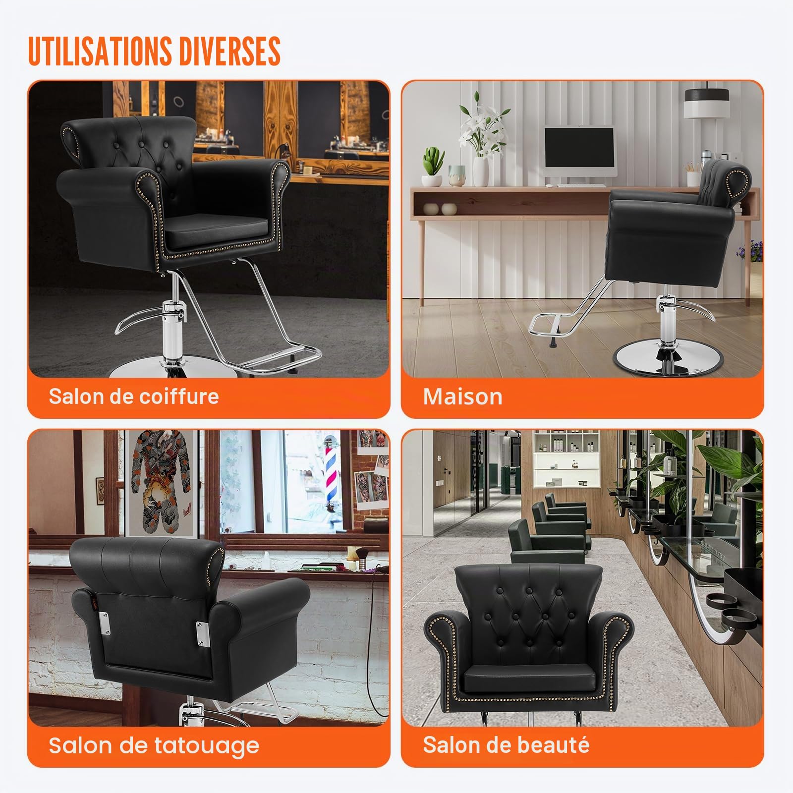 VEVOR Chaise de Coiffeur Hydraulique Fauteuil Salon Coiffure Pivotant 360° Charge 150 kg Hauteur Réglable 905-1060 mm Siège Barbier avec repose-pieds pour Salon Professionnel, Shampoing, Beauté, Noir