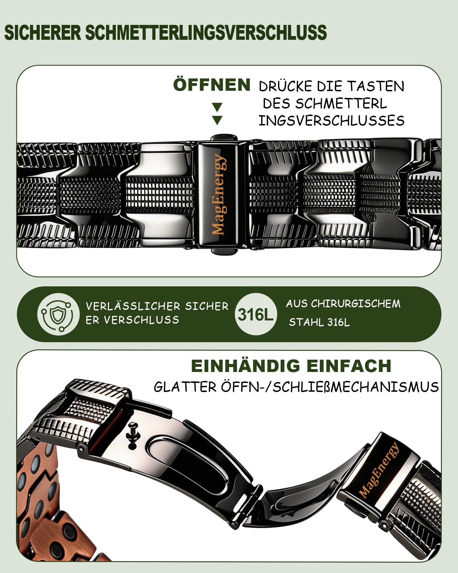 MagEnergy Herren Kupferarmband 3800 Gauss, massives Reinkupfer Armband mit Schmetterlingsverschluss, verstellbar mit Größenwerkzeug