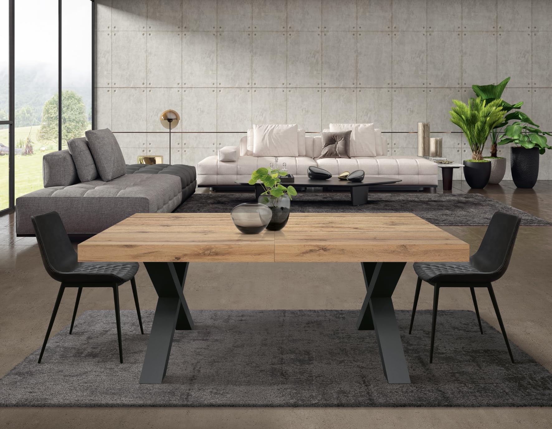 PAZZO DESIGN Table extensible Marco, table salon, cuisine, pieds croisés x noirs, fabriquée en Italie, chêne rustique, 180 x 90 x 76 cm - id_1998