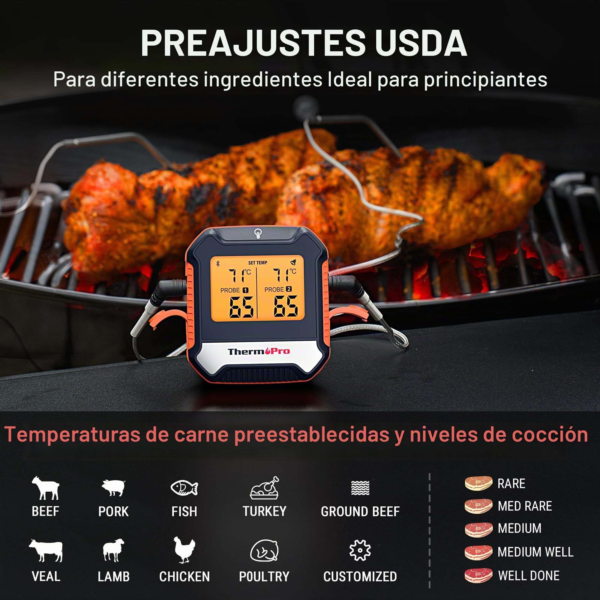 ThermoPro TempPro TP904 Termómetro Digital Para Carne, Control Remoto Bluetooth Termómetro de Cocina Recargable con Aplicación Inteligente, Sondas de Temperatura Duales Aptas Para Alimentos Para Horno