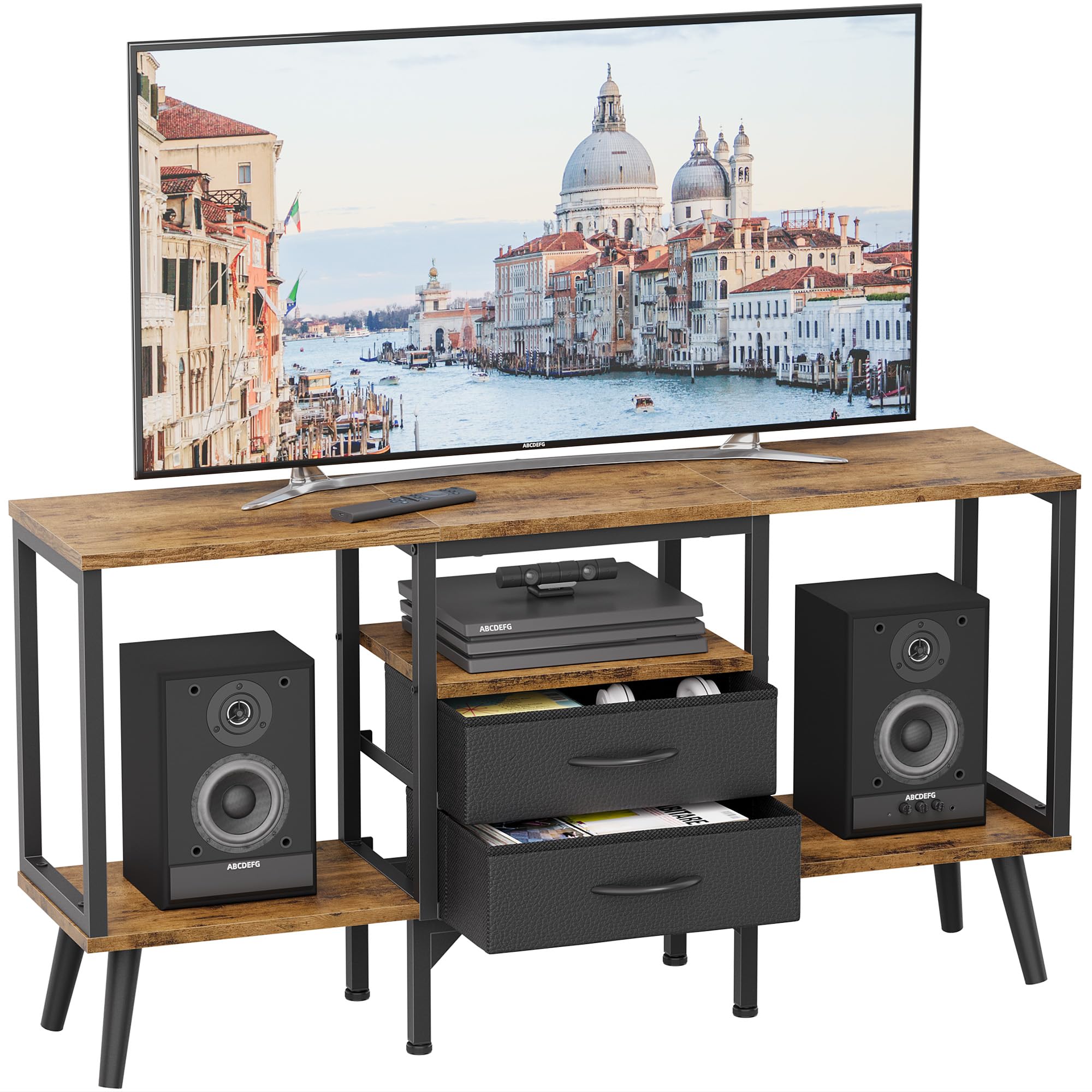 GYIIYUO Small TV Stand with Fabric Drawers for 40 43 50 inch TV, Entertainment Center with Storage Open Shelves for Living Room, Bedroom (Middle)