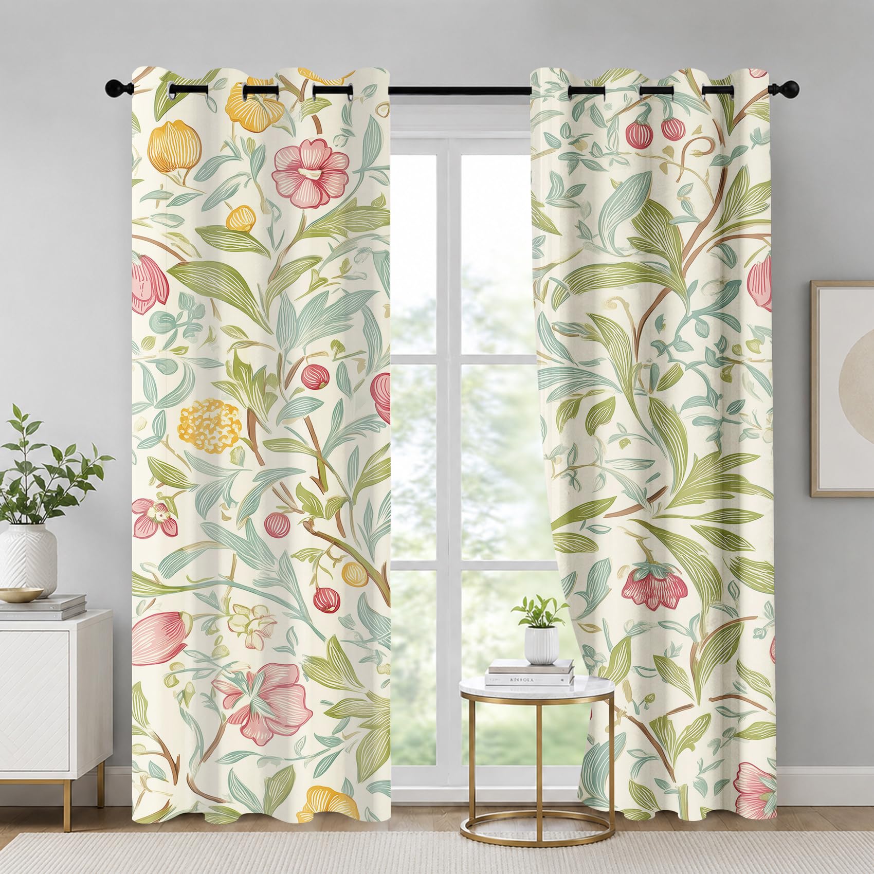 Generisch Landhaus Blumen Vorhänge, Vorhang mit Muster Ranken Blatter, Verdunklungsvorhänge Blickdicht mit Ösen, Gardinen für Wohnzimmer Schlafzimmer Deko 2er Set - 280 x 300 (B X H) Dhb61