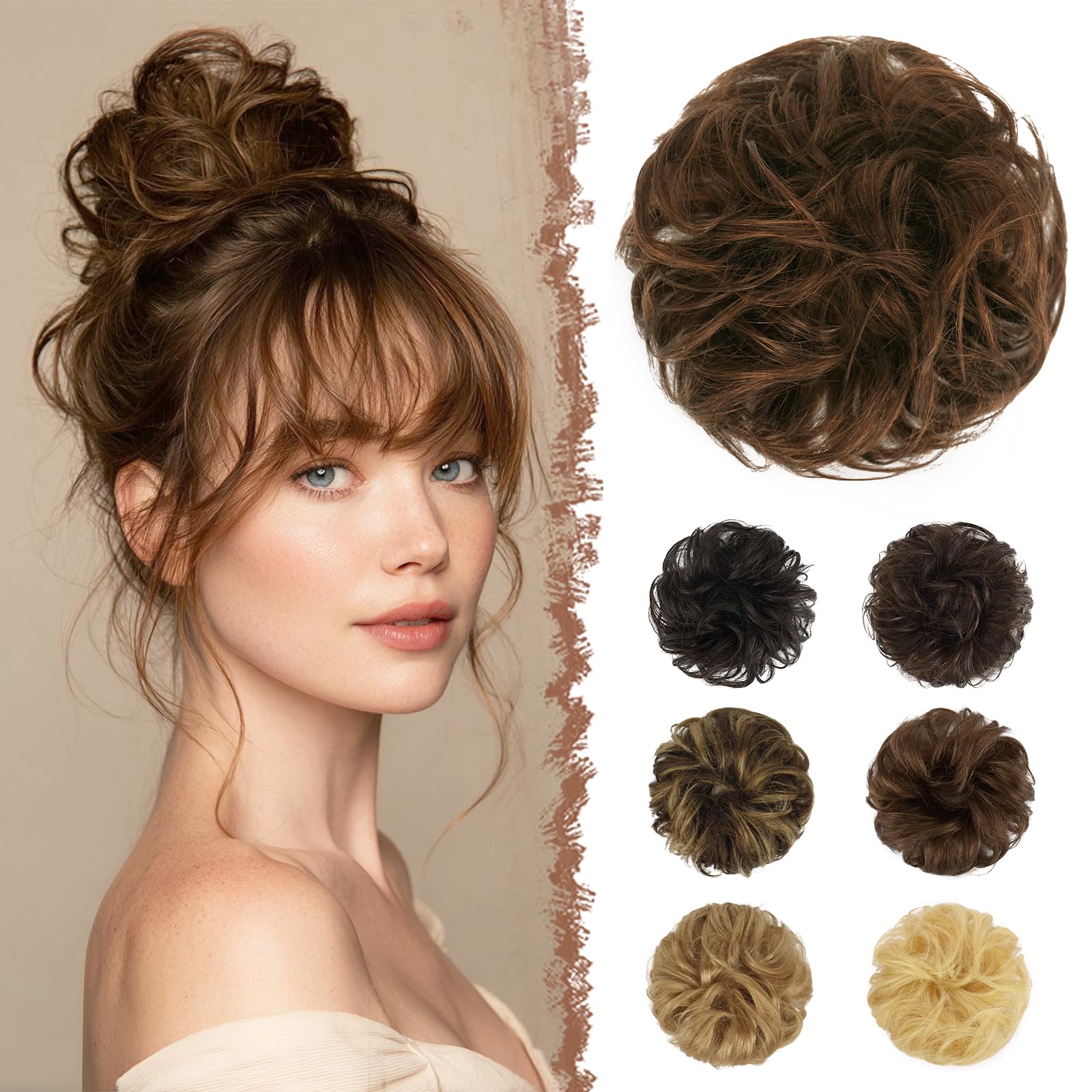 FESHFEN Postiche Chignon Naturel - 100% Humains Cheveux Ondulés Chouchou Postiches Extension Elastique pour Femme, Blond mélangé Chatain Clair