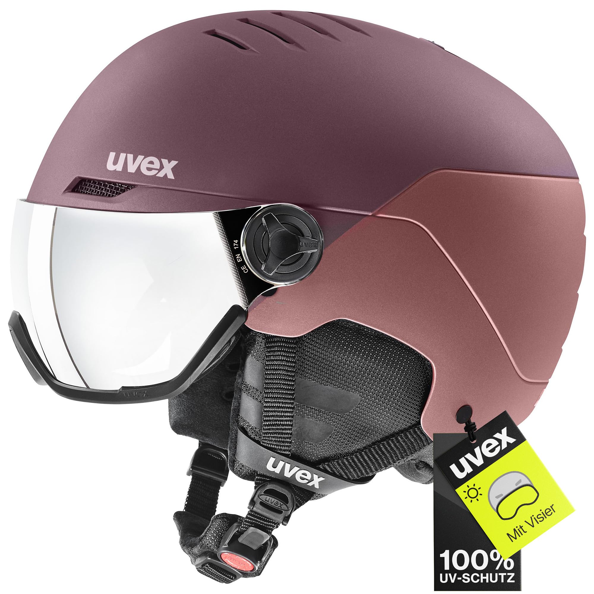 uvex Wanted Visor – robuster Skihelm für Damen und Herren, Filterkategorie 2, bramble Antique Rose matt, 54–58 cm