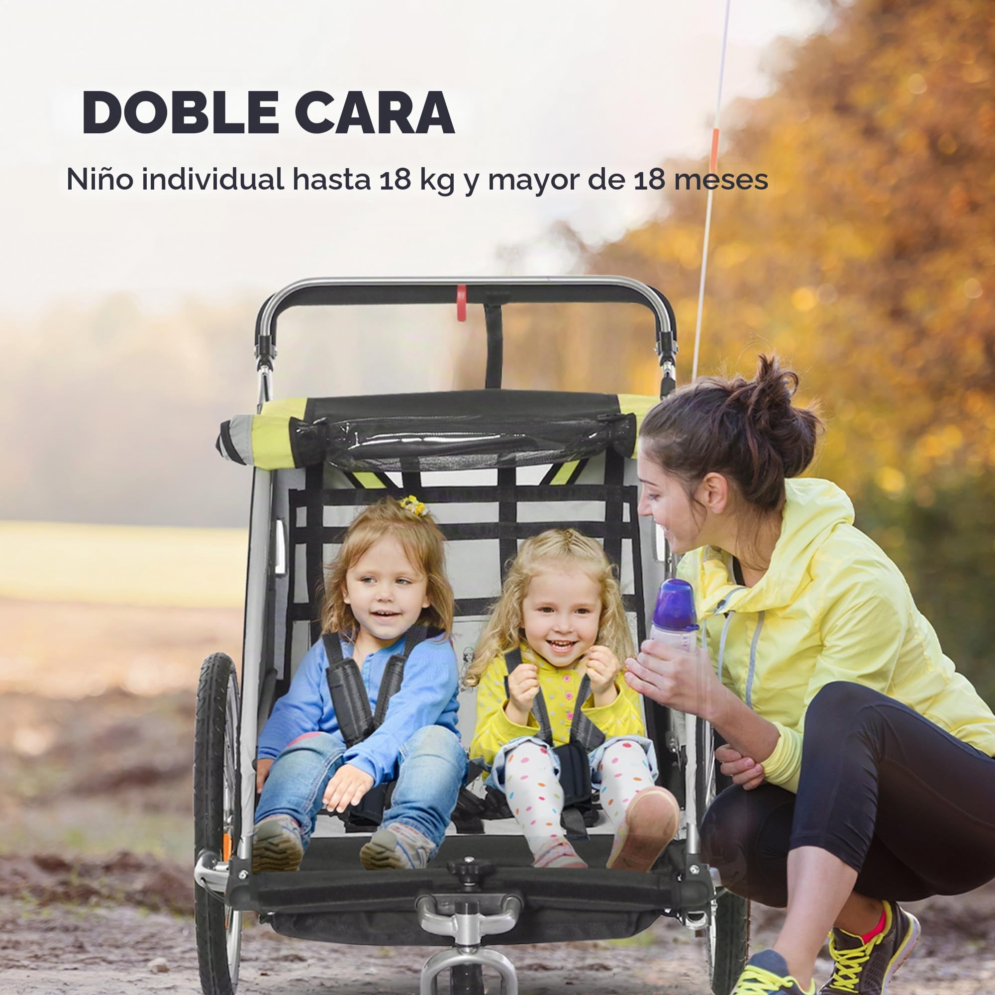 HOMCOM Remolque infantil plegable 2 en 1 para bicicleta con rueda delantera desmontable, frenos traseros, remolque para 2 niños a partir de 18 meses, soporta hasta 26,4 kg, color amarillo