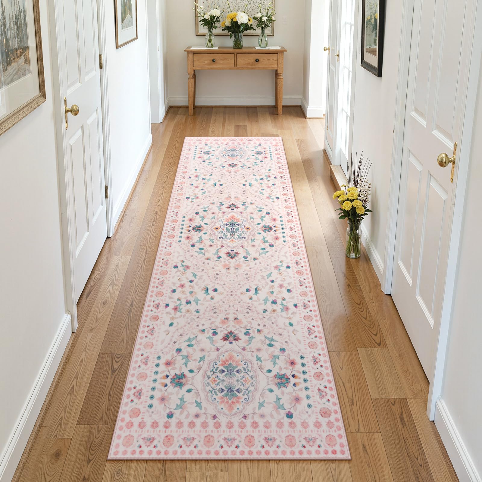 Photo 1 of ***SMALL BLACK STAIN***LIVEBOX Pink Floral Runner Rug 2x6 for Hallway, Washable Non Slip Soft Runner for Bedroom, Boho Accent Rug for Kitchen, Bathroom, Laundry Room