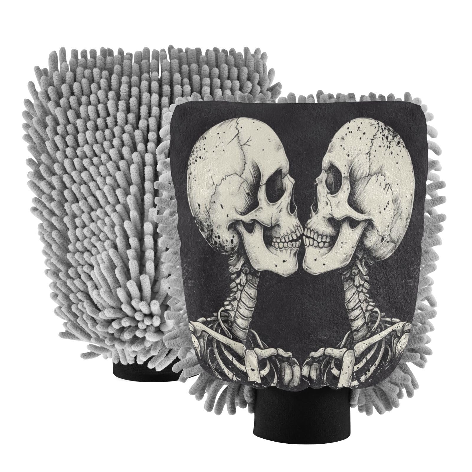 ALAZA Skull Valentine Car Wash Mitt Scratch Free, 2 Pack Absorbent Microfiber/Chenille Washing & Drying Mitts, M