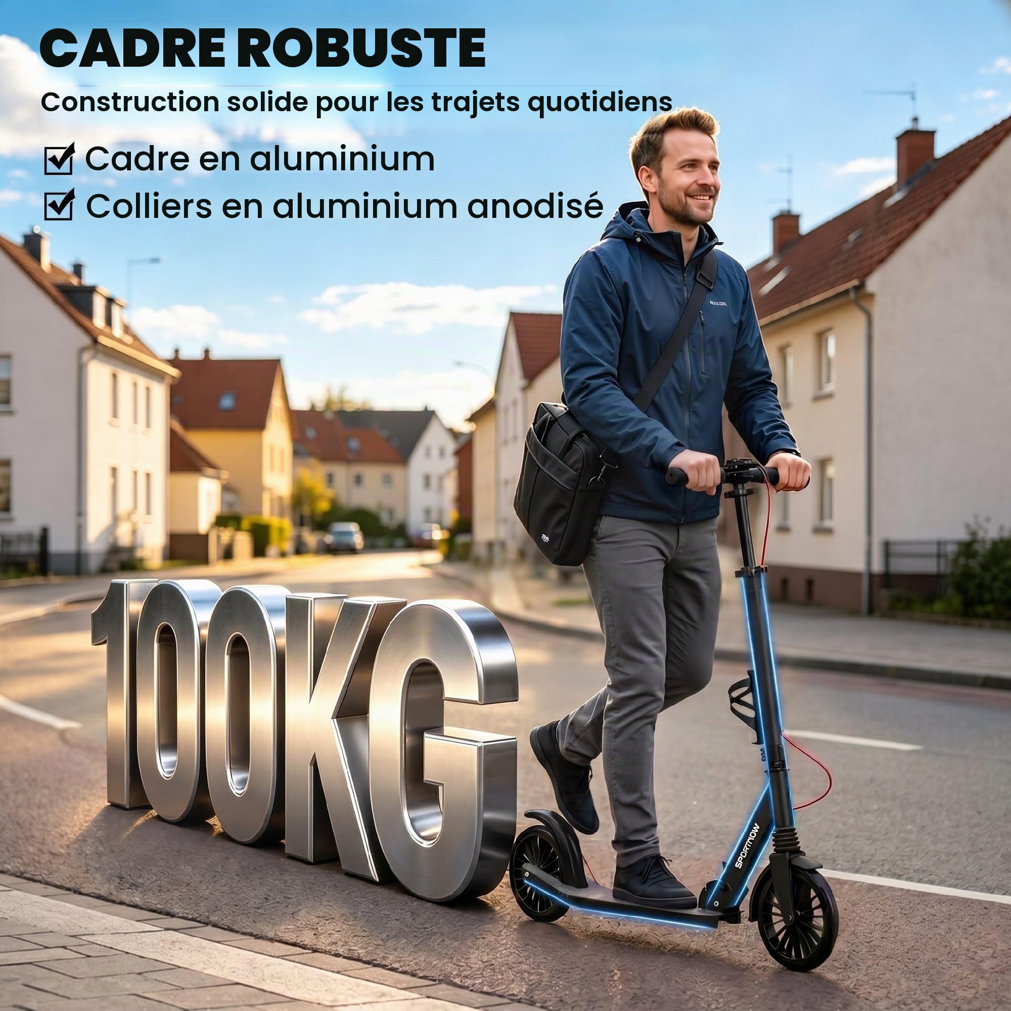 SPORTNOW Trottinette de ville en aluminium réglable en hauteur et pliable, avec roues en polyuréthane de 200 mm, roulements à billes ABEC-7, double système de frein, porte-gobelet, jusqu'à 100 kg