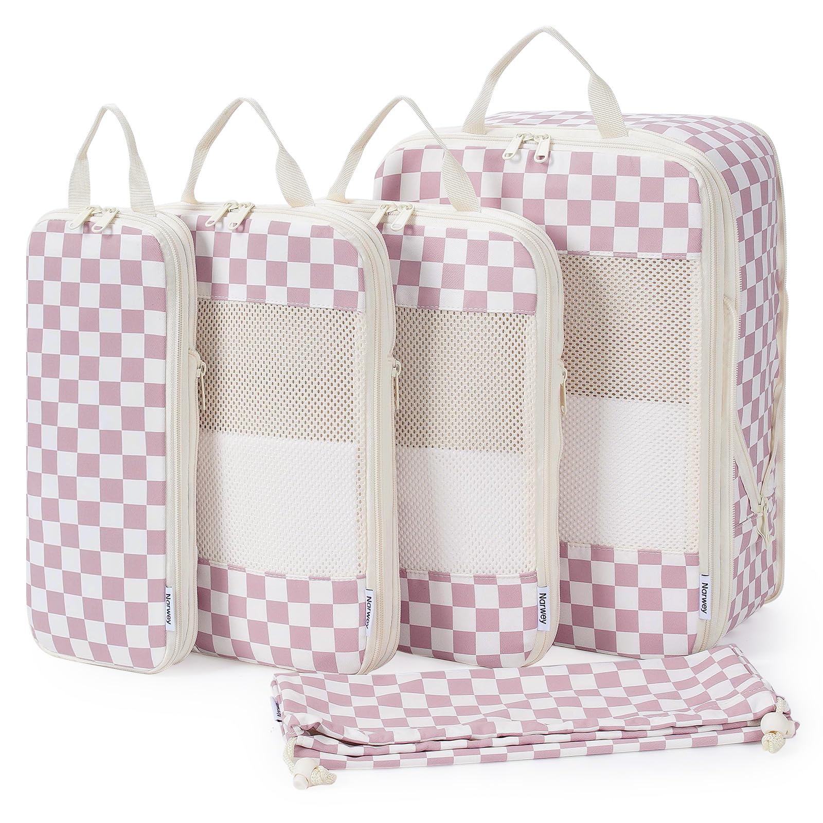 Narwey 5 Teilige Kompression Koffer Organizer Set, Compression Packing Cubes Reise Packwürfel Rucksack Organizer Set Packtaschen für Koffer, Kofferorganizer Travel Essentials Bag (Checker Altrosa)