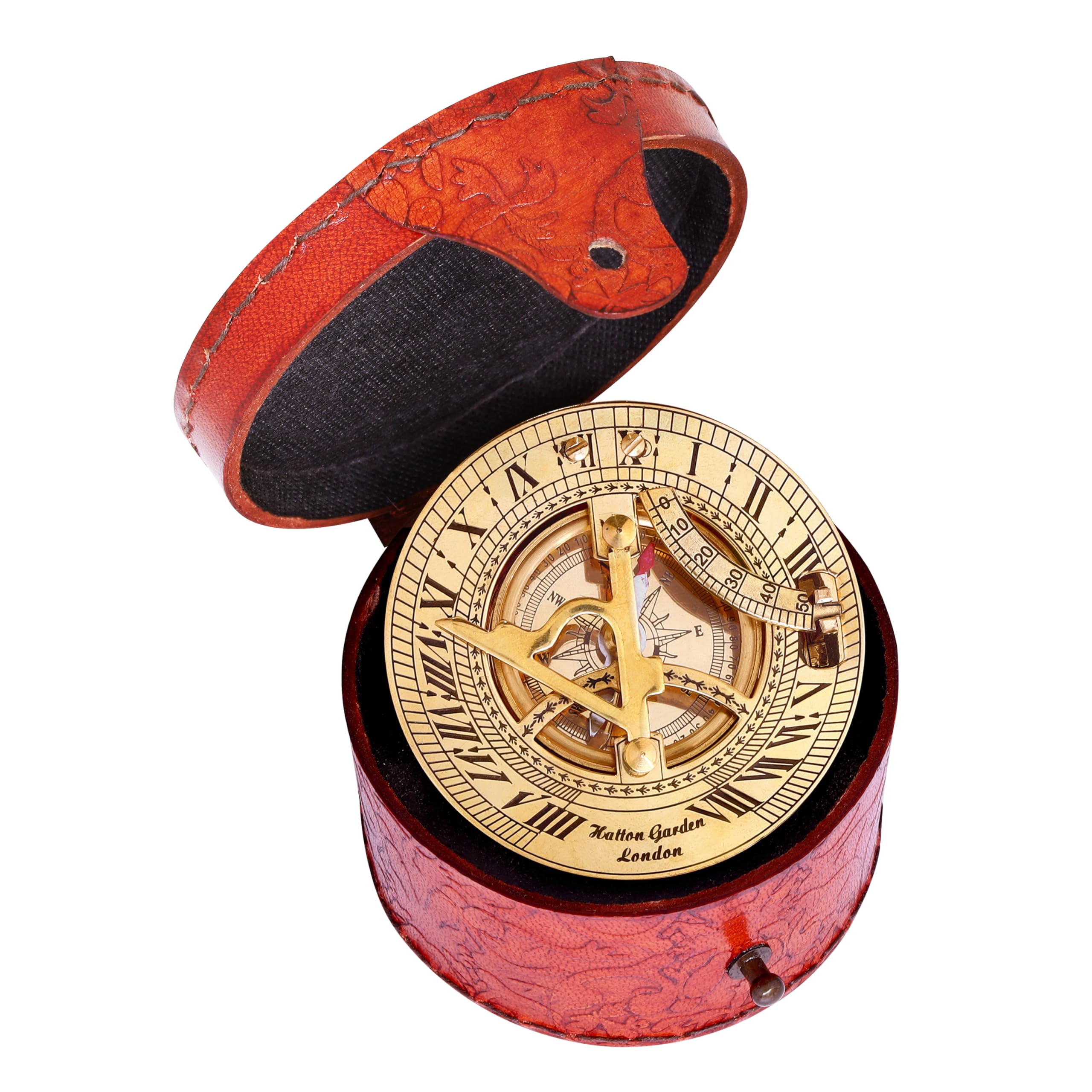 Brújula de latón de alta calidad, instrumento de navegación retro vintage, regalo dorado náutico, viene en una exquisita caja de cuero de grano superior con detalles intrincados, reloj de sol