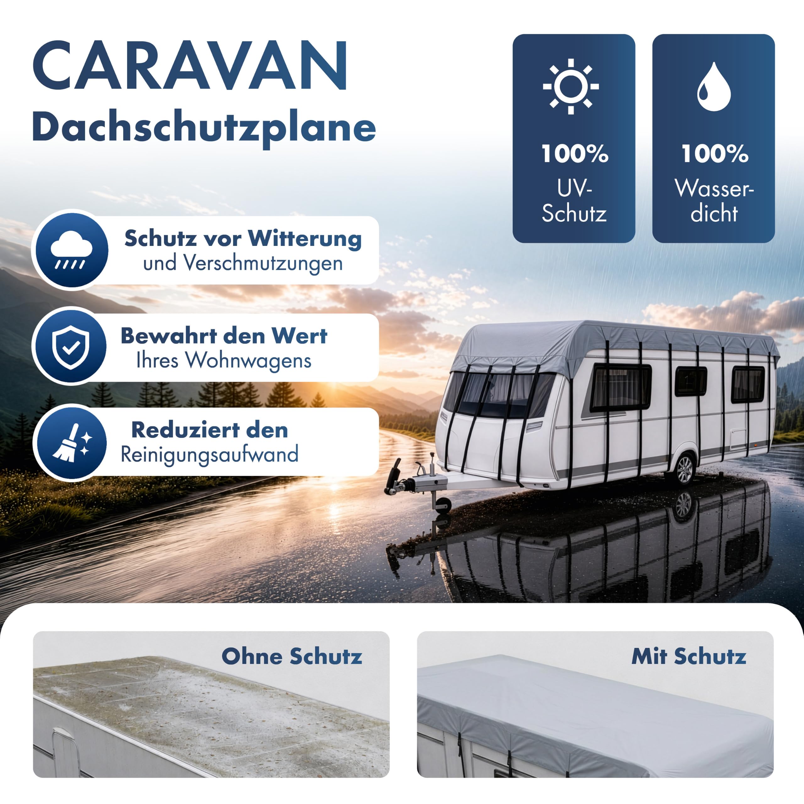 WALSER Plandeka dachowa do przyczep kempingowych i kamperów, 100% wodoszczelna i odporna na promieniowanie UV, 750 x 300 cm, odporna na warunki atmosferyczne, plandeka ochronna do kamperów, szara