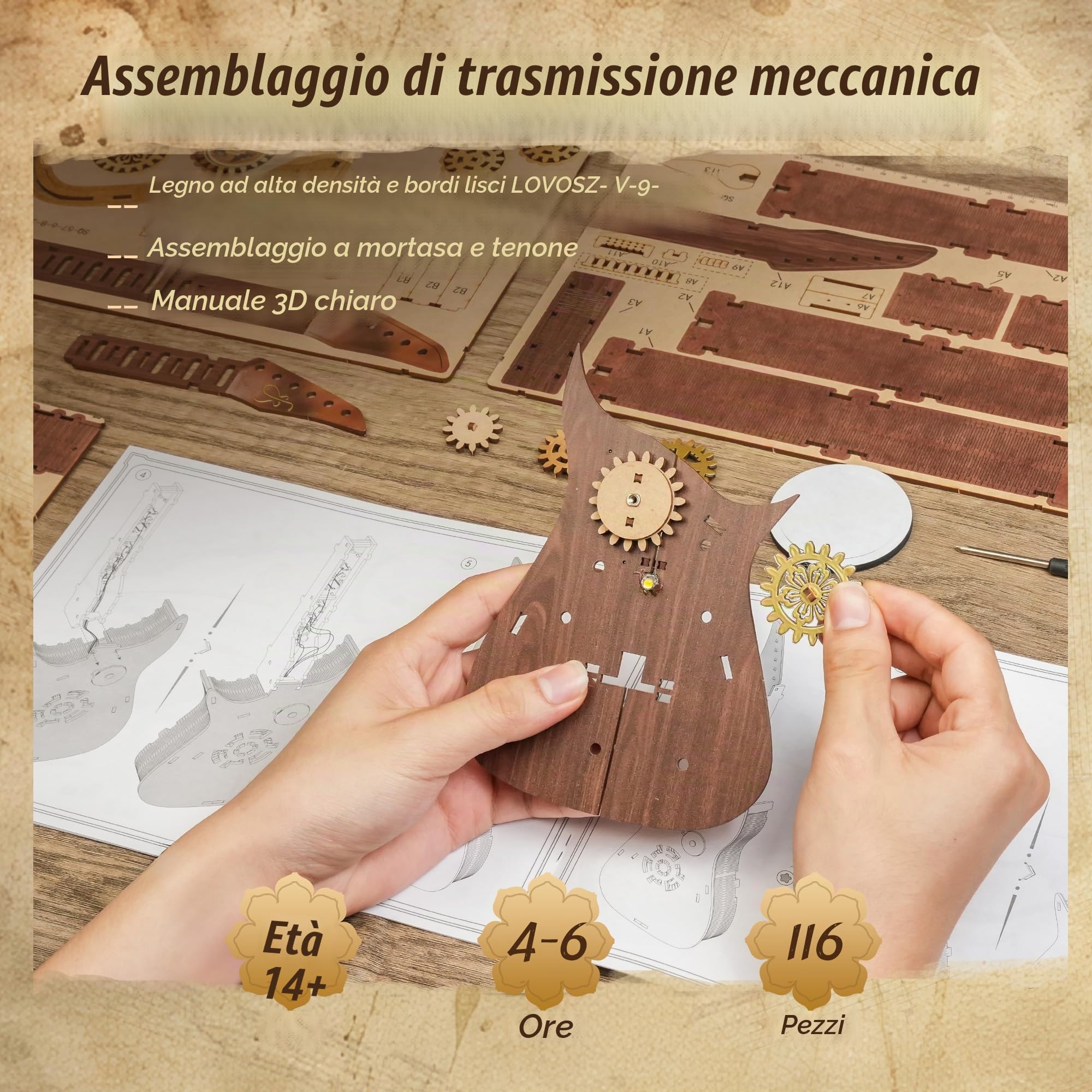 FUNPOLA Puzzle 3D in legno chitarra accordi LED Kit – Modello di chitarra acustica suonabile con luci LED, puzzle meccanico musicale fai-da-te per adulti e ragazzi