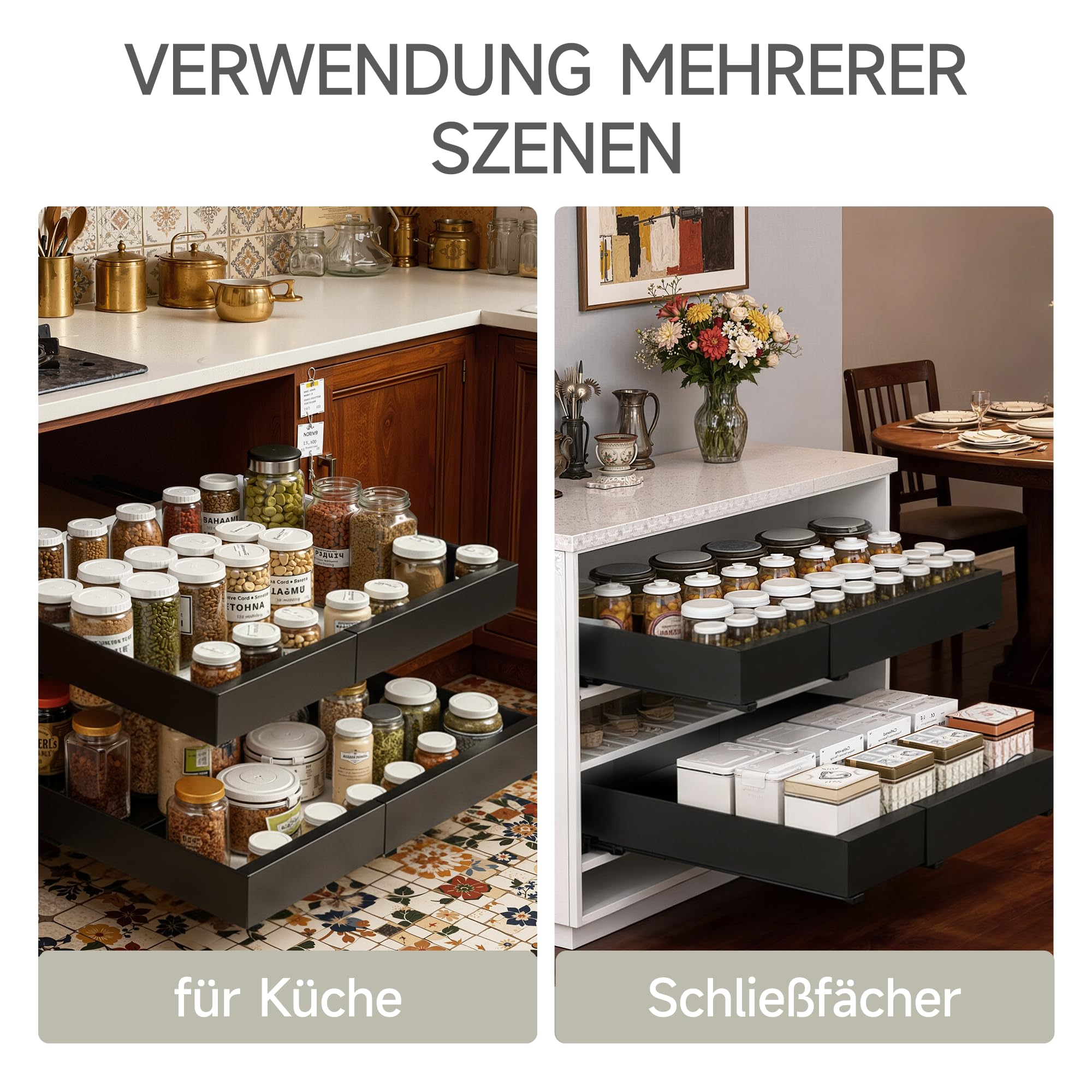 Auszug Küchenschrank 53 cm Tief ohne Bohren 2er-Pack Schubladen organizer Kohlenstoffstahl Teleskopschublade erweiterbare Breite 31-52 cm schwarz