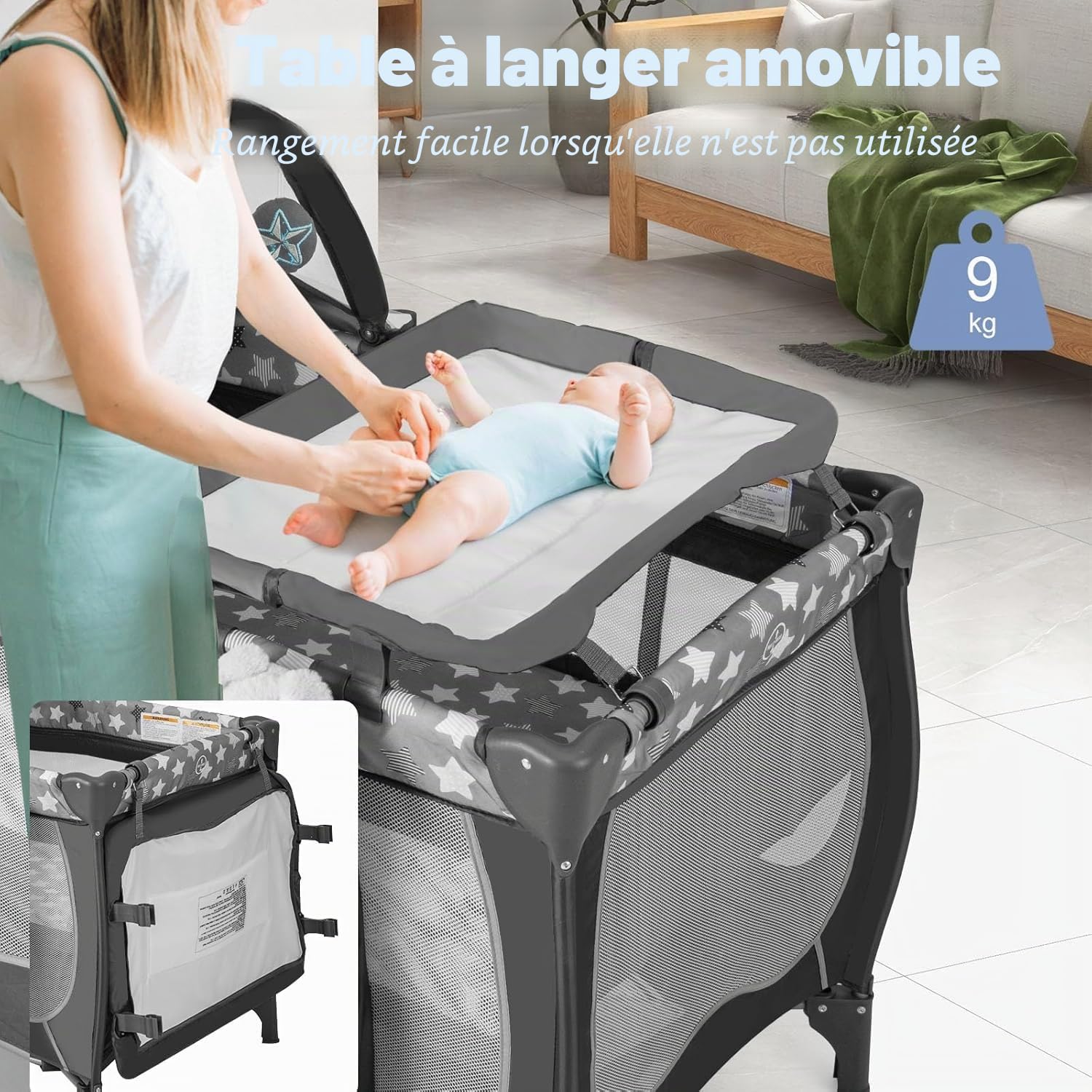 FANTASK Lit bébé 4 en 1, Arche de Jeu et boîte à Musique, Landau avec roulettes, Sac de Transport, lit d'appoint Portable avec Matelas Pliable, Table à Langer, baldaquin, pour bébé jusqu'à 36 Mois