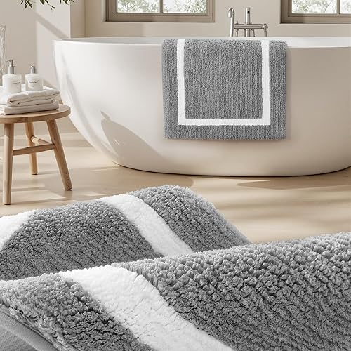 Miniatura 8 de HOMEIDEAS Juego de 2 alfombras de baño de microfibra súper suave y absorbente, antideslizantes y lavables a máquina (gris claro)