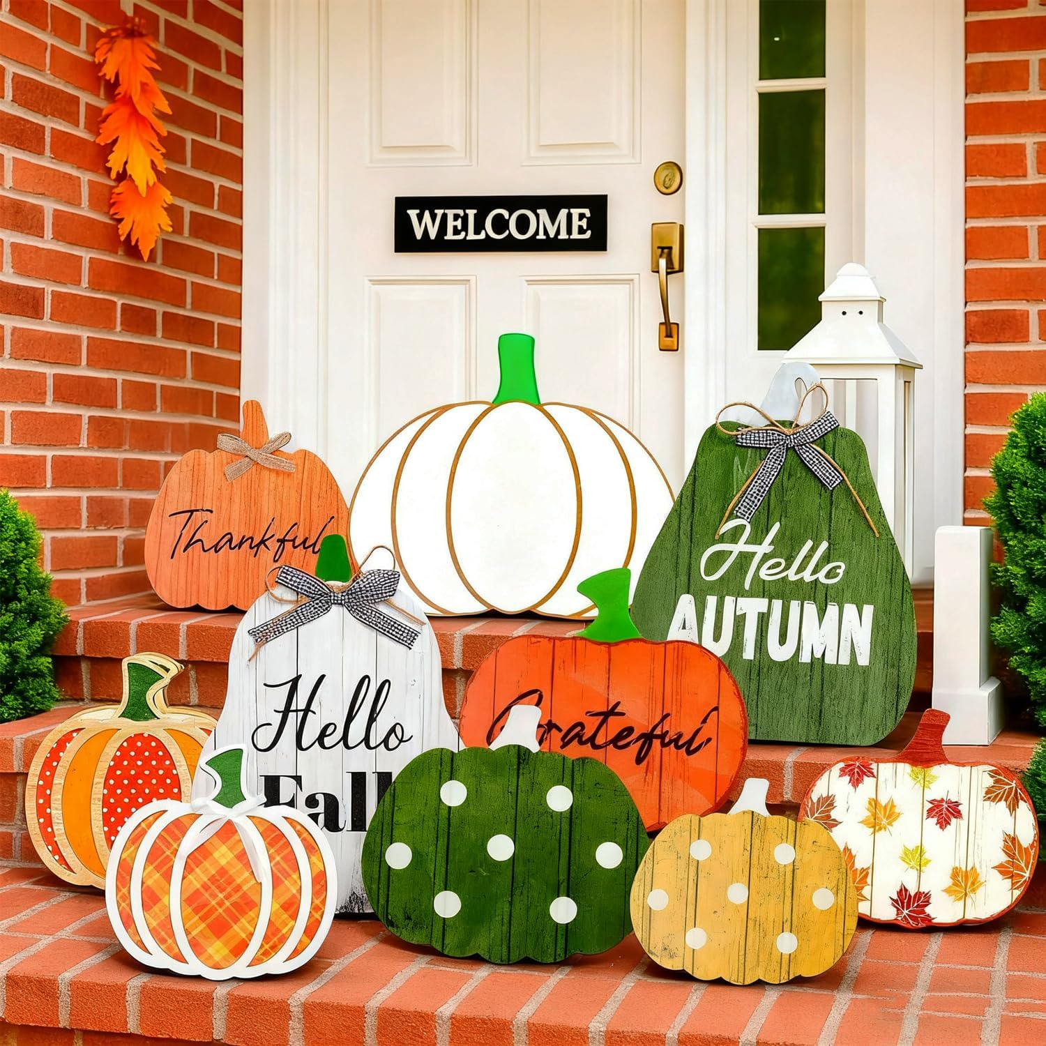 Yookeer 10 Pcs Large Outdoor Fall Decorations for Home Porch Wooden Pumpkin Yard Signs Decoration Farmhouse Fall Yard Sign Thankful Thanksgiving Decor for Front Porch Garden Party Favor(Novel Style)