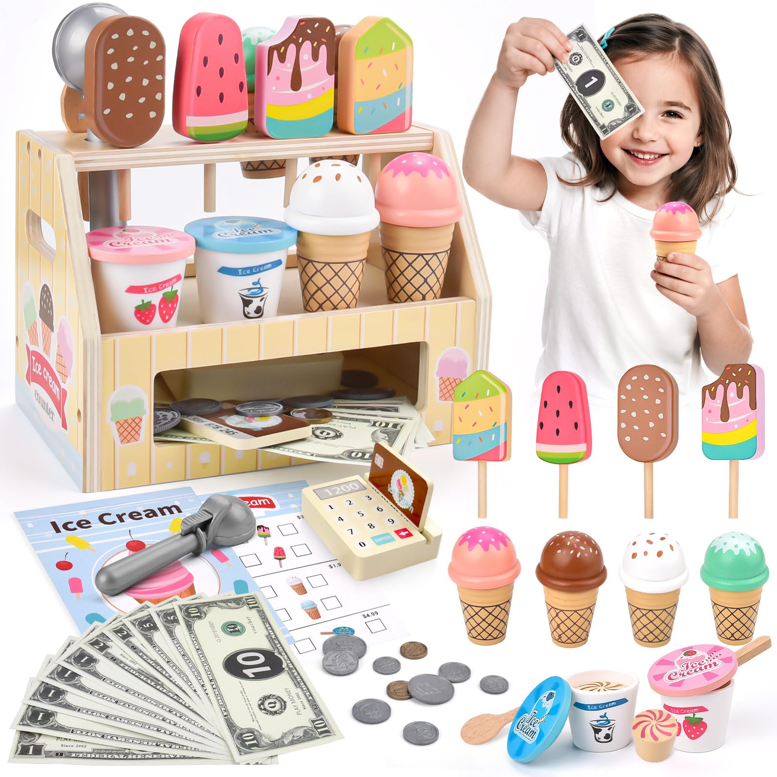 Qufby Gelateria in Legno, Set da Gelateria da 46 PCS, 8 Coni Gelato o 2 Coppe Gelato, Include Banconote e Monete Giocattolo, Calcolatrice e Carte di Credito, Regalo per Bambine di 3, 4, 5, 6 Anni