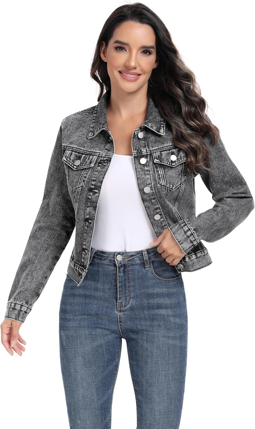 andy & natalie Women’s Denim Jackets Cropped Long Sleeve Basic Button Down Crop Jean Shacket with Pockets