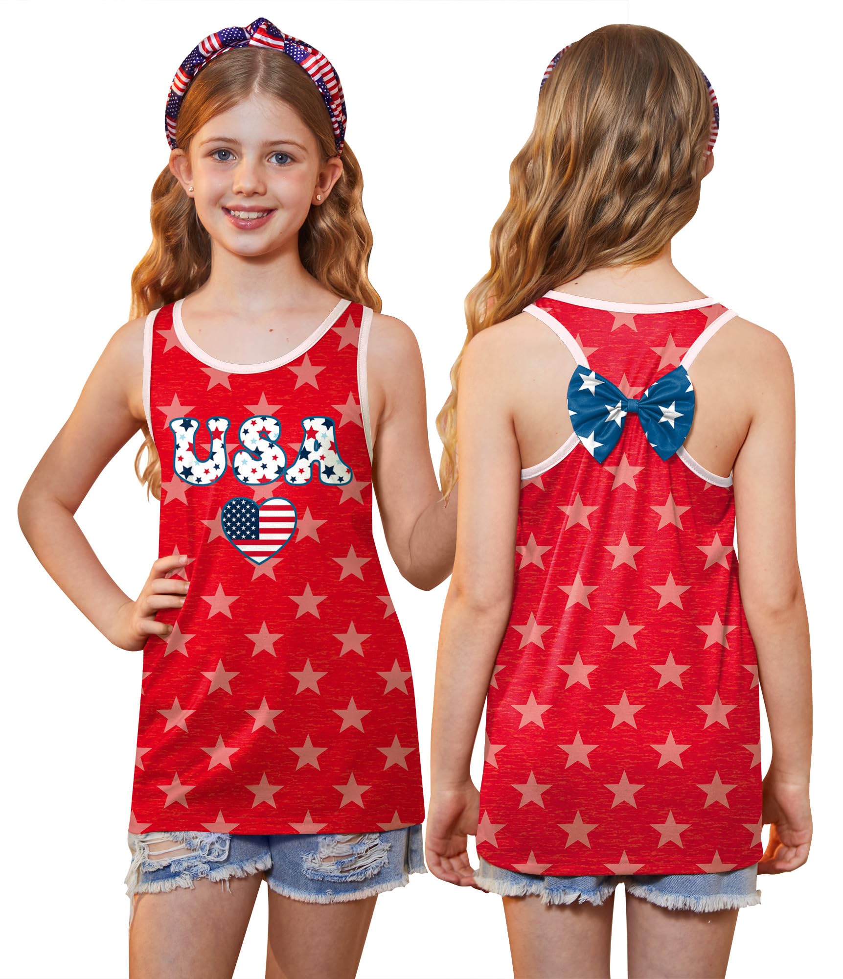 4th of July Girls Flag Tank Top Back Bow Sleeveless Patriotic Holidays T-Shirt 4-14 Years