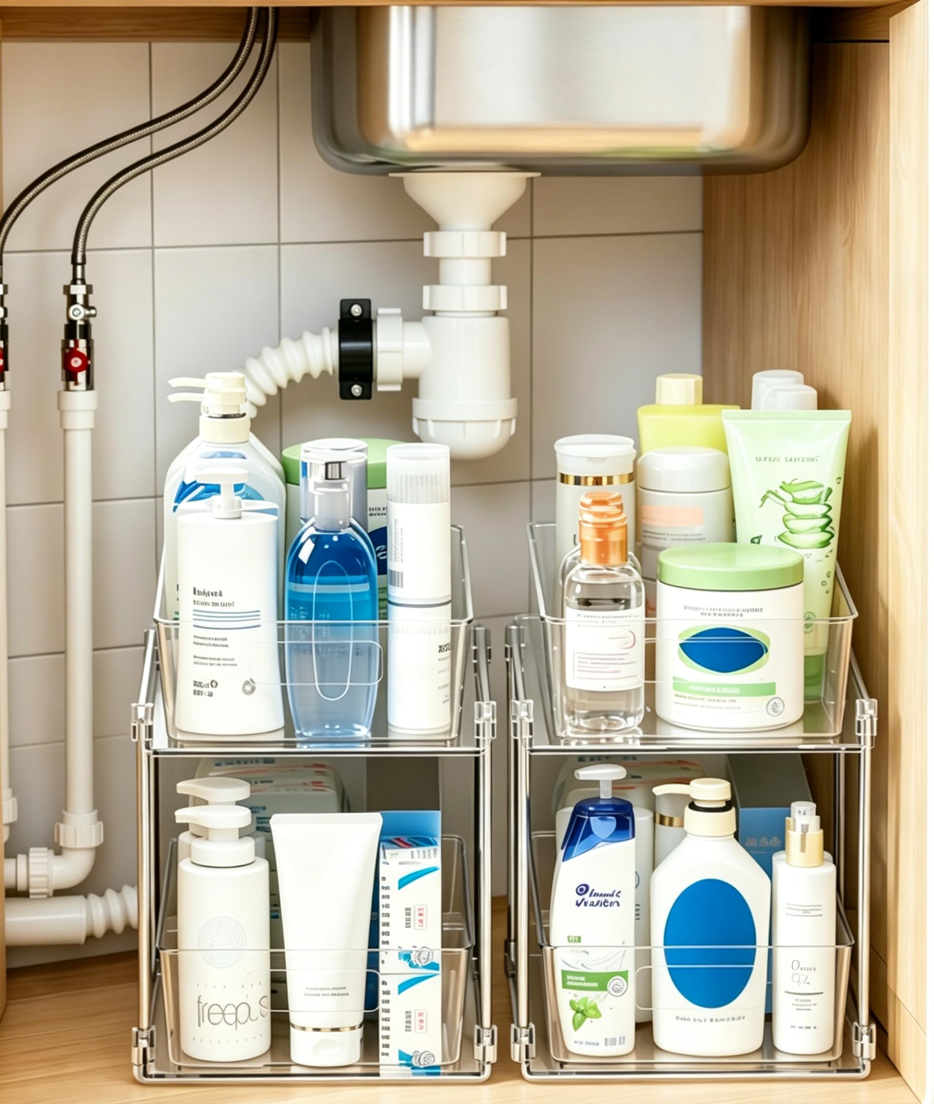 Organisateurs sous Évier 2 Niveaux, Lot de 2 Coulissant, Rangement et Organisation Polyvalente de Cuisine, Transparent