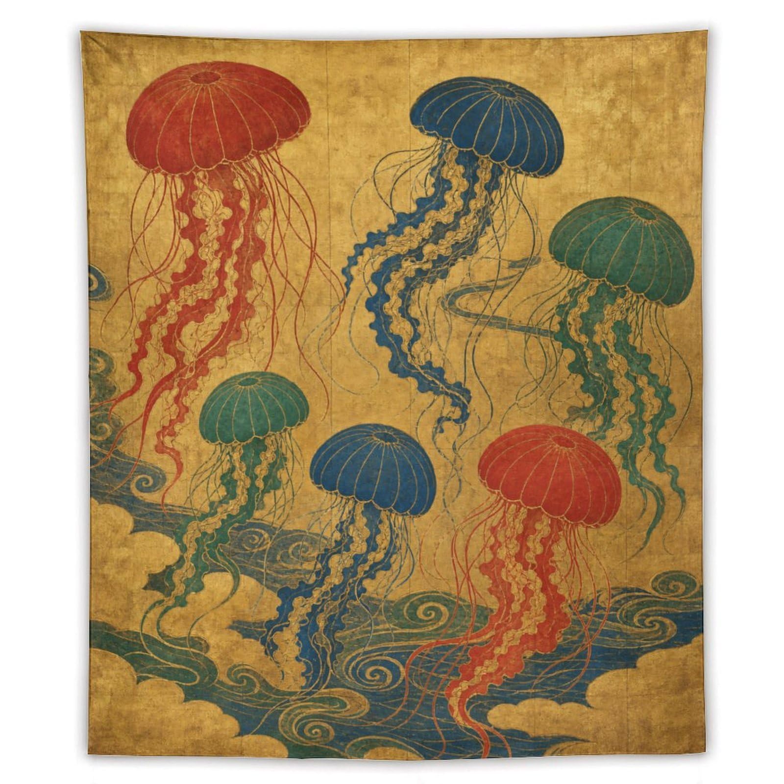 H3B8U2Y5 Jellyfish Garden Wall Tapestry, Vintage Poster, Golden Vintage