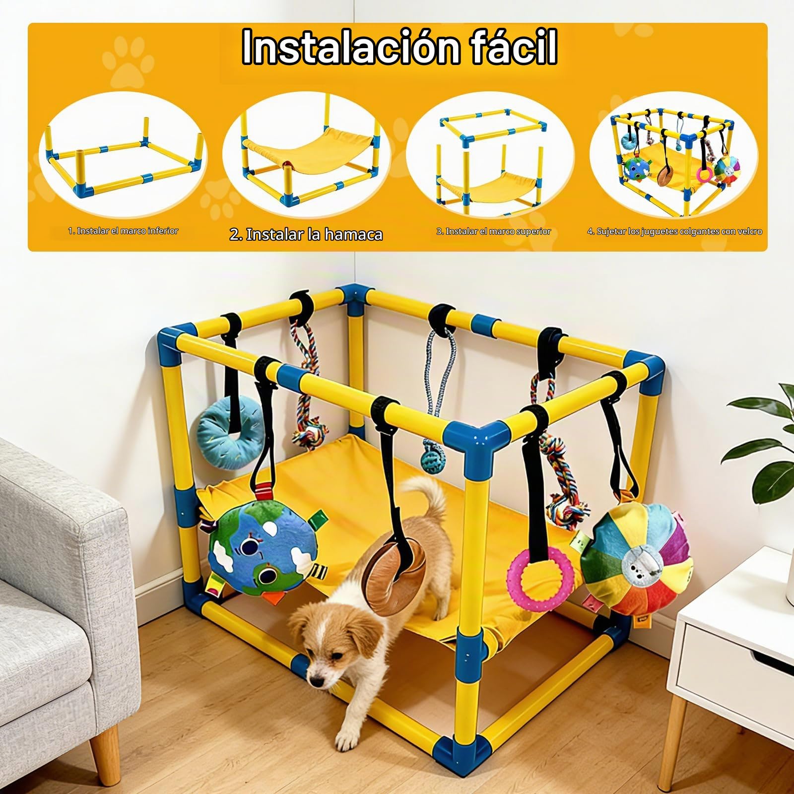 Gimnasio de Juego para Cachorros, Sala de Juegos para Perros de 60 x 40 x 40 cm con Hamaca y Juguetes Colgantes Gimnasio Interior de Selva con Juguetes para Perros para Promover el Ejercicio y Mental
