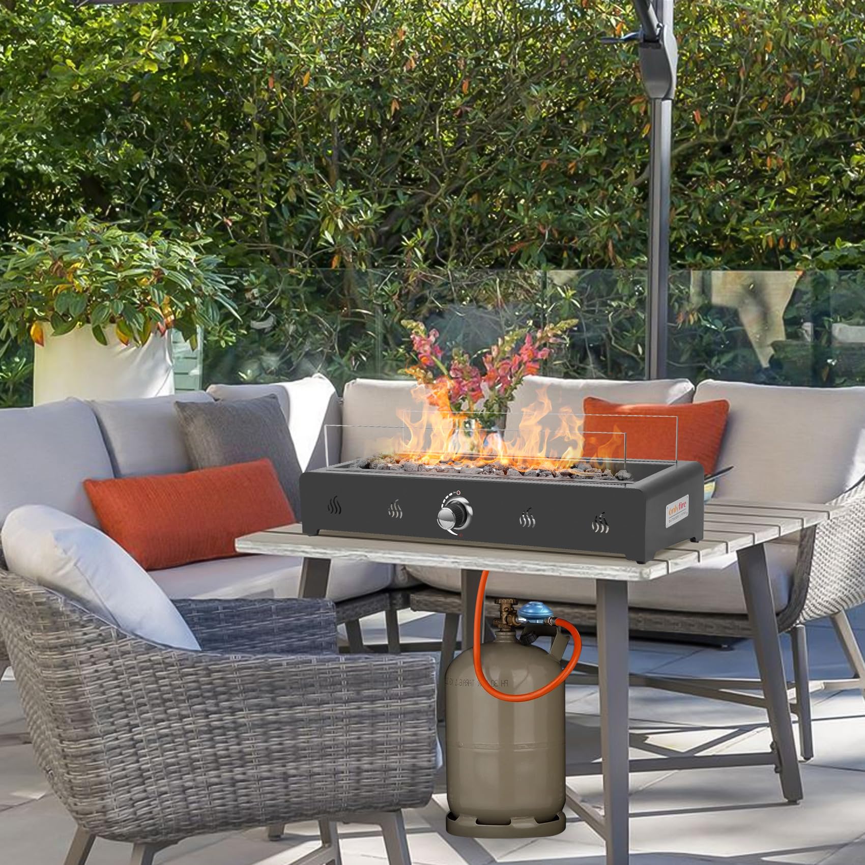 onlyfire 72cm Tisch-Gas-Feuerstelle, 6.5 kW Propan Gas Terrassenfeuer Tischkamin mit Unterer Lufteinlass, Glaswindschutz & Lavastein, Rechteckig Tischfeuerstelle Outdoor für Terrasse Garten
