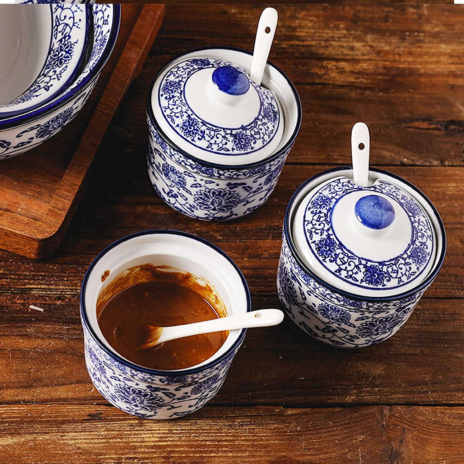 Keramische Gewürzdosen, Gewürzdosen, Chinesische und Porzellan-Zuckerdose mit Deckel, Porzellan-Zuckertopf mit Löffel, Kleiner Salztopf und Einzeltopf